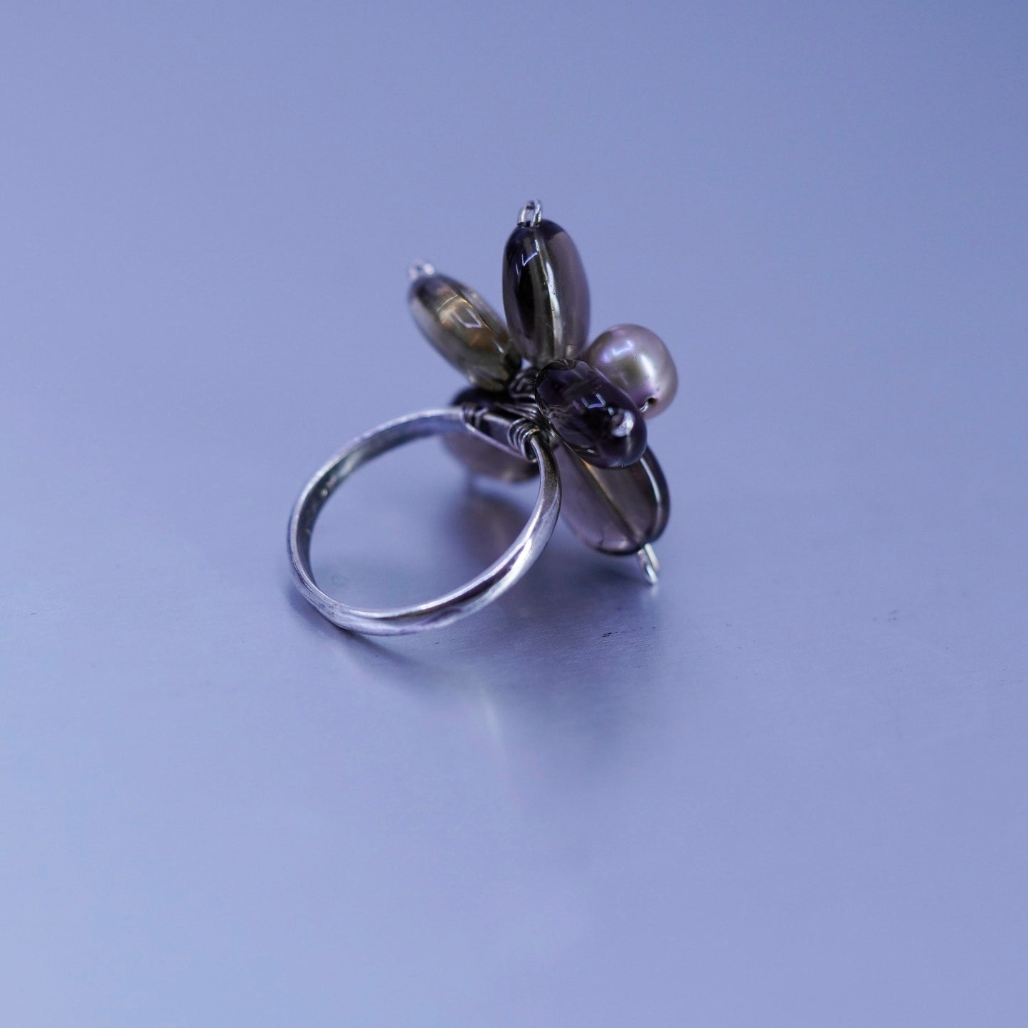 Size 7, vintage Sterling 925 silver handmade ring with pearl and smoky quartz