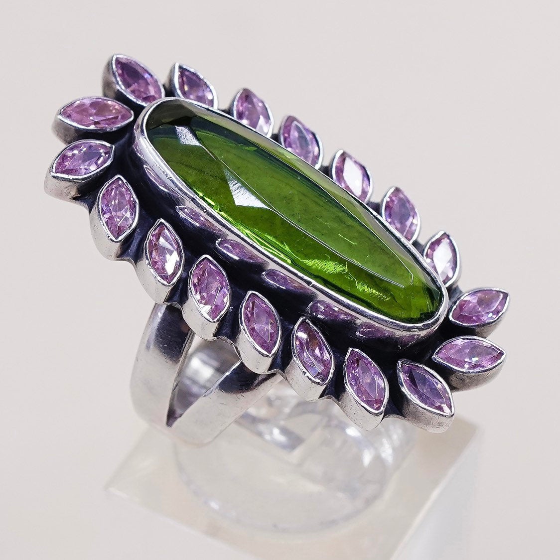 sz 6.25, sterling 925 silver handmade statement ring, peridot n pink crystal