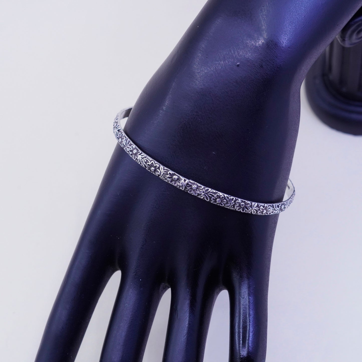 8.25”, vintage sterling 925 silver handmade floral textured bracelet, bangle