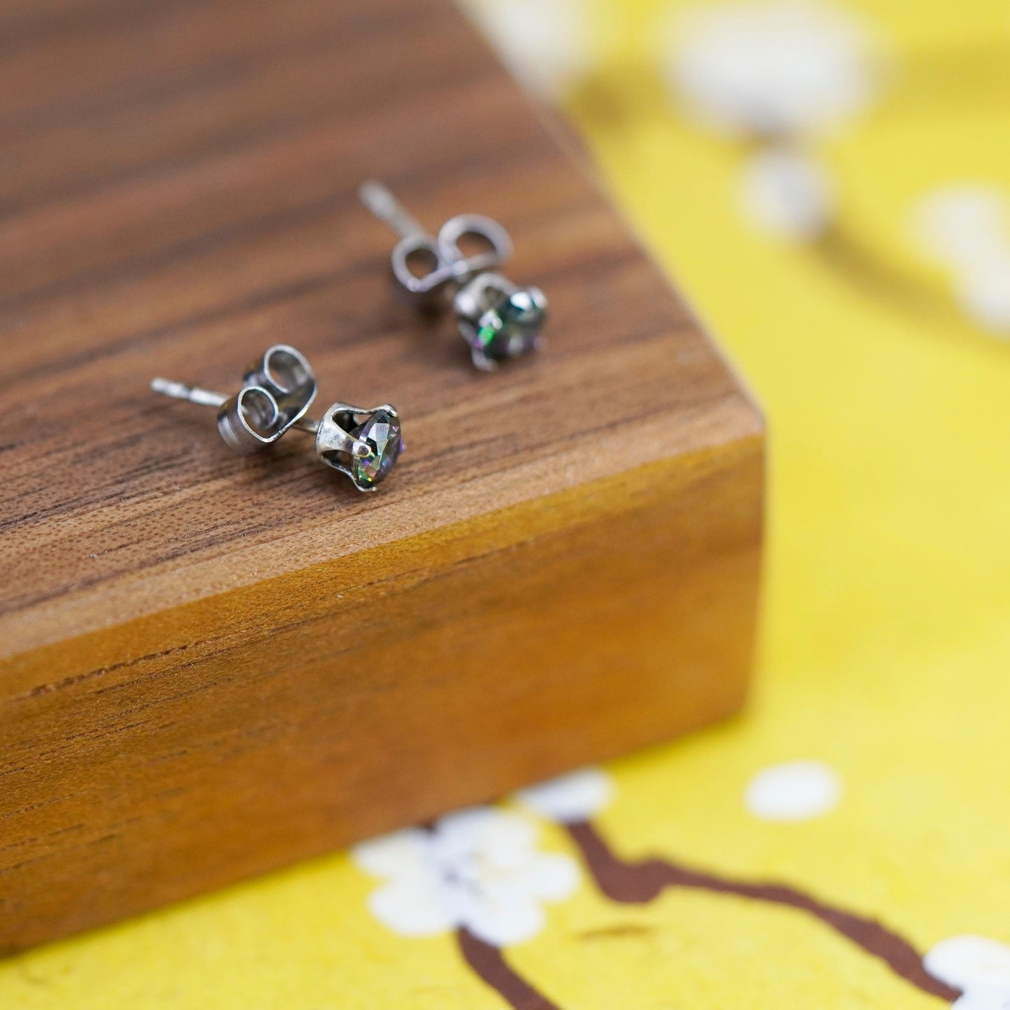 Vintage Sterling 925 silver handmade studs, earrings with rainbow topaz