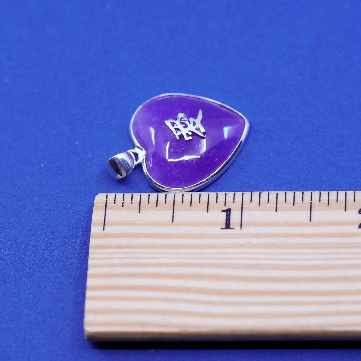 sterling 925 silver heart pendant with purple jade and Chinese character “love”