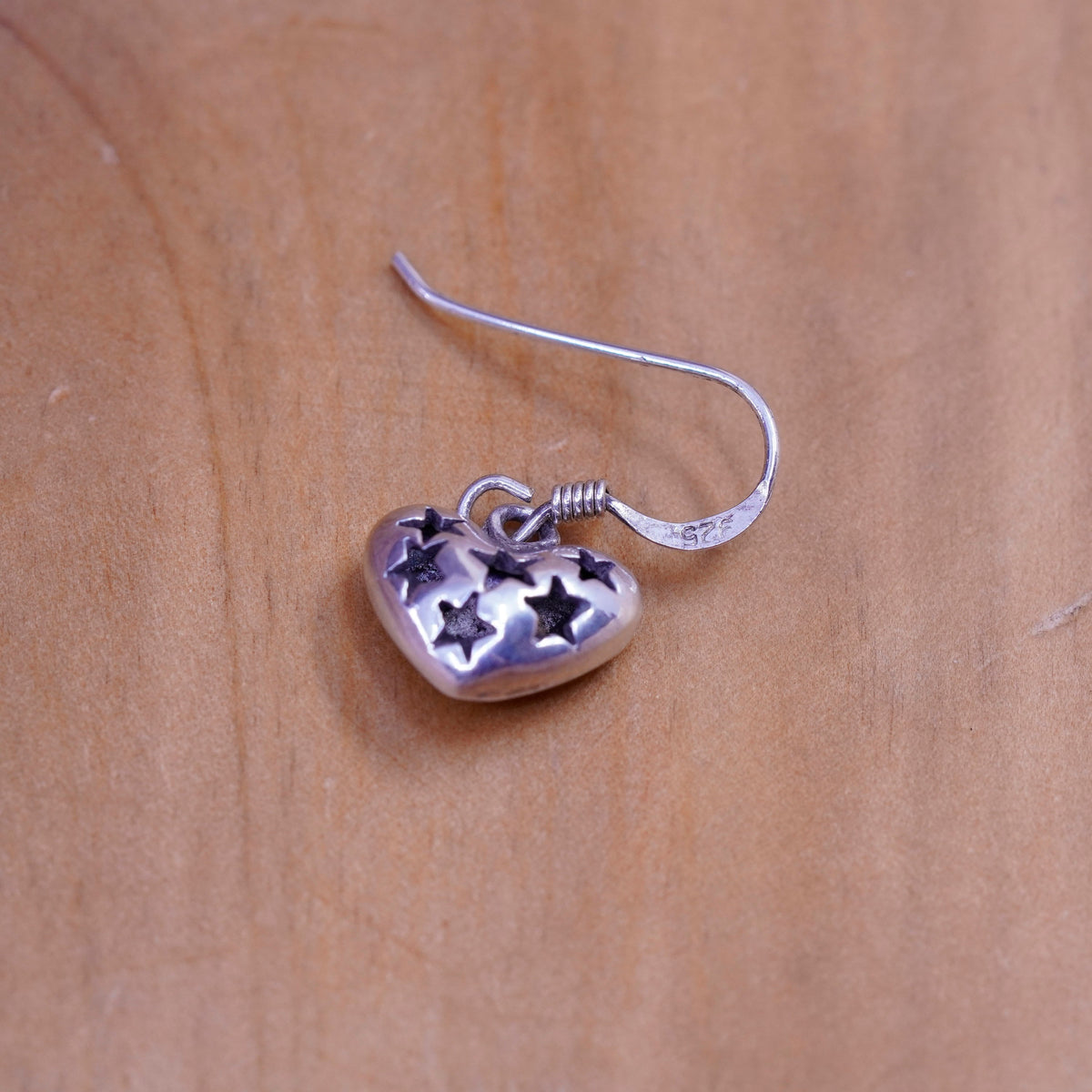 Vintage Sterling silver handmade earrings, 925 heart drops with star cut out