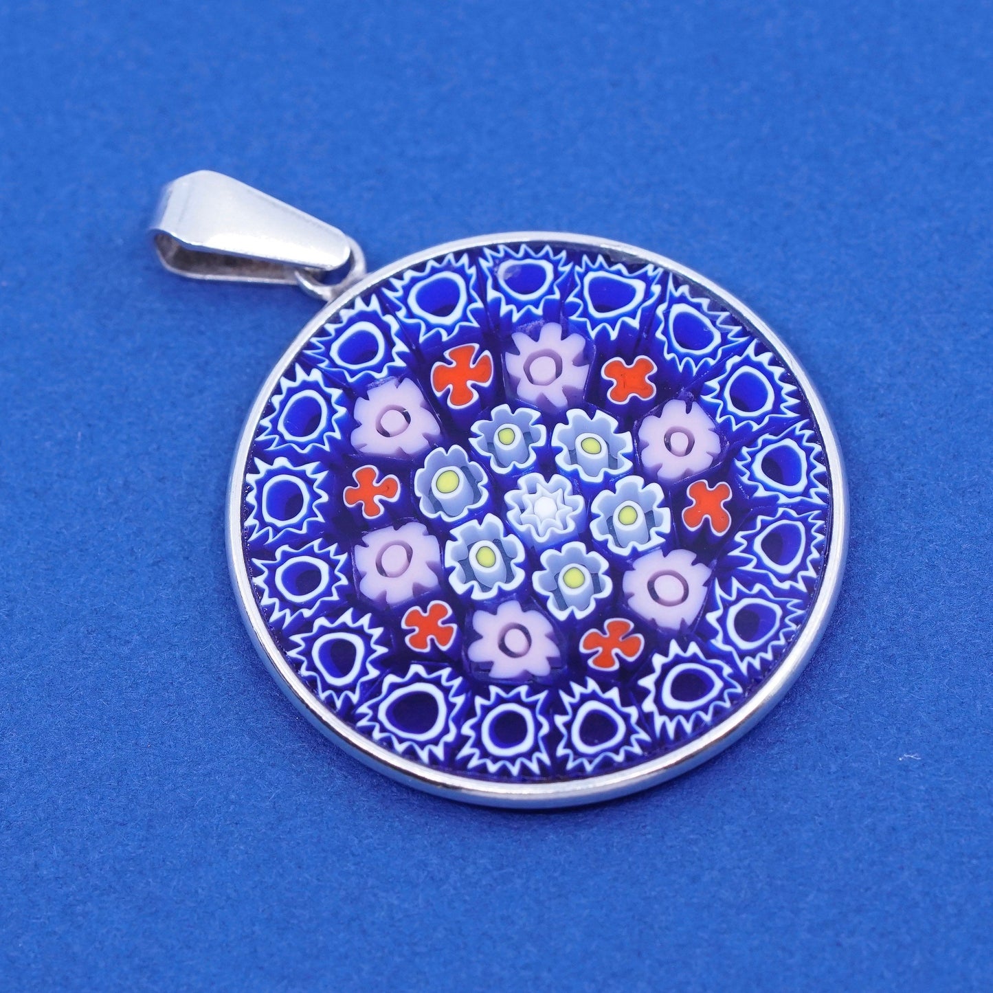 vtg handmade sterling silver tag pendant, 925 w/ multiciori murano glass
