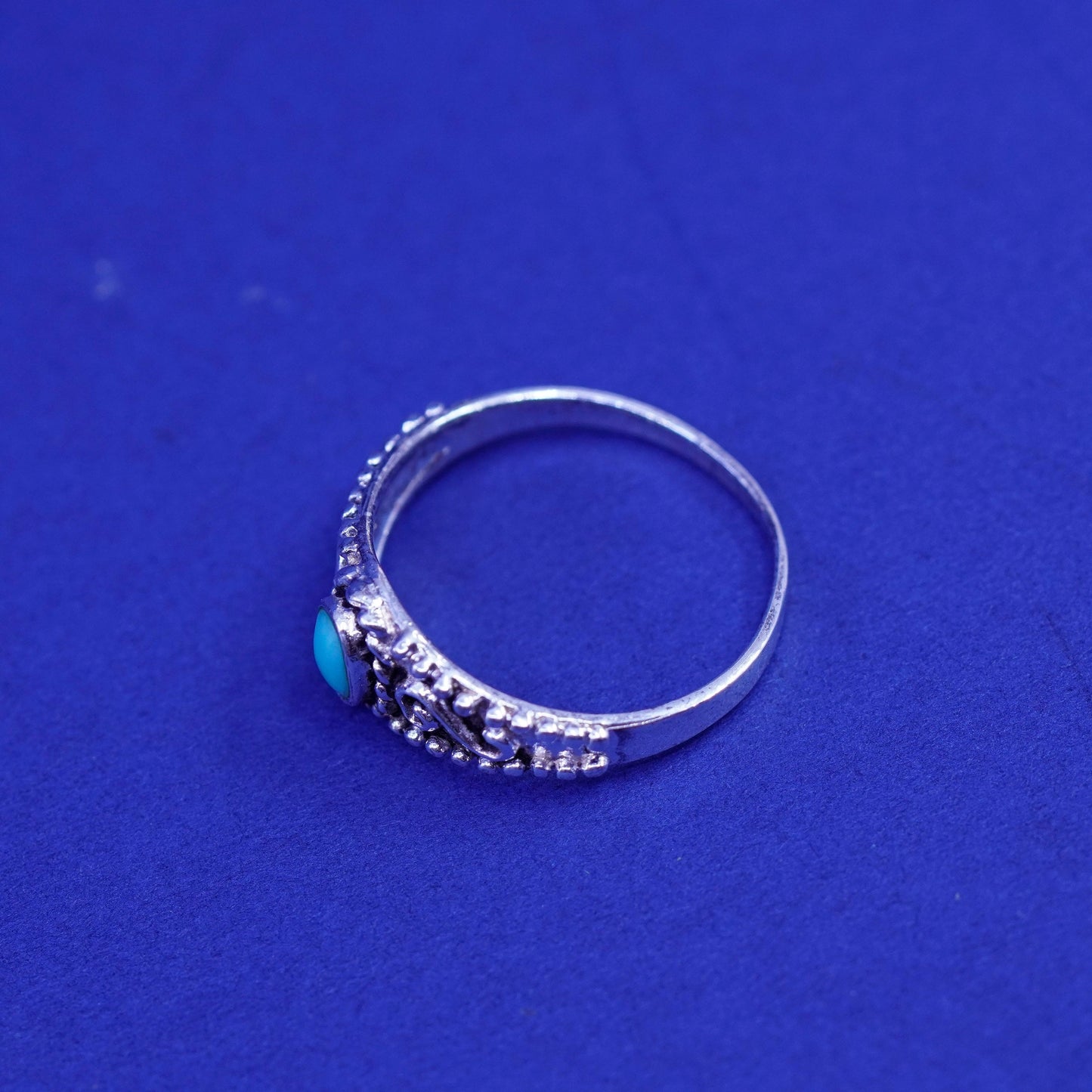 Size 8, vintage sterling silver handmade ring, 925 filigree band with blue onyx