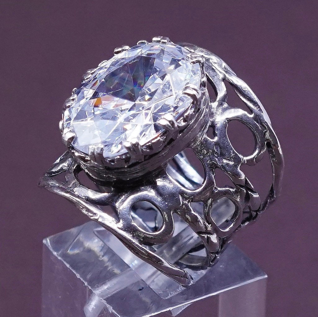 sz 7, vtg Israel Sterling silver handmade ring, 925 statement band w/ cz