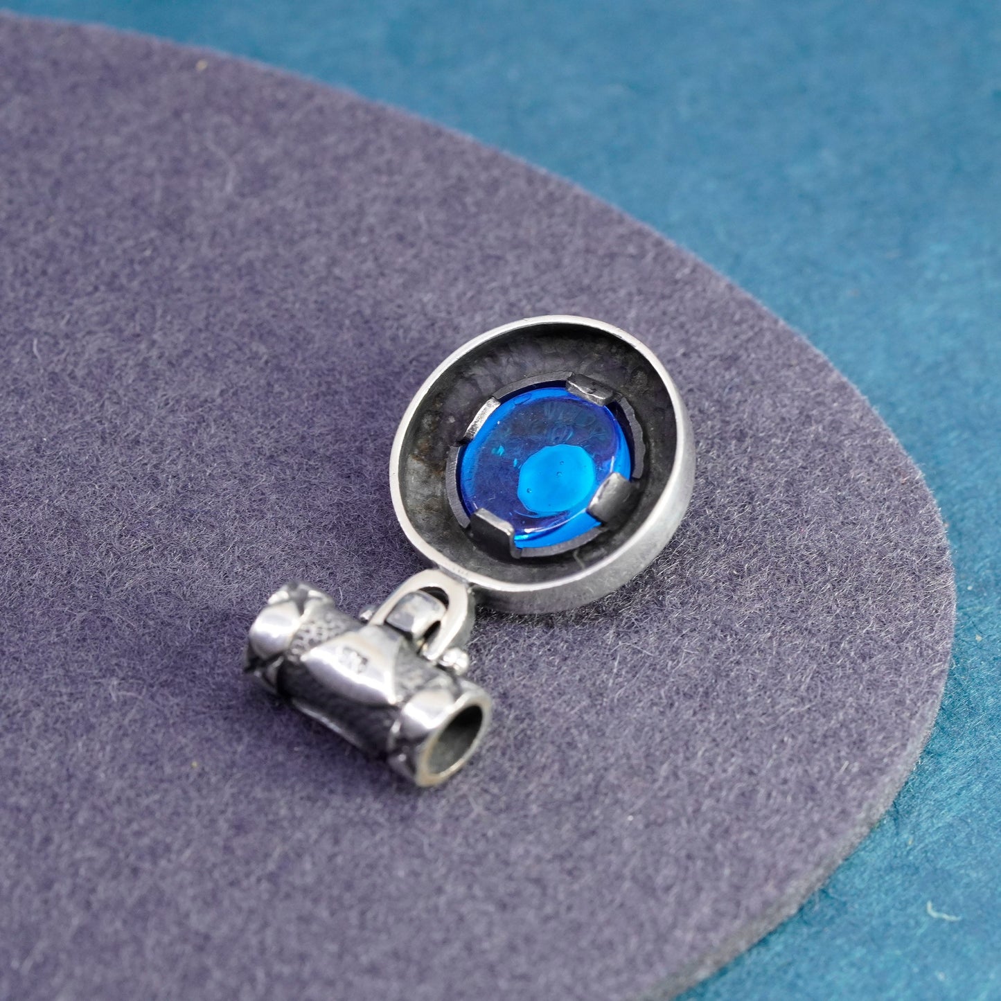 Vintage Sterling 925 silver handmade blue glass evil eye slide pendant charm