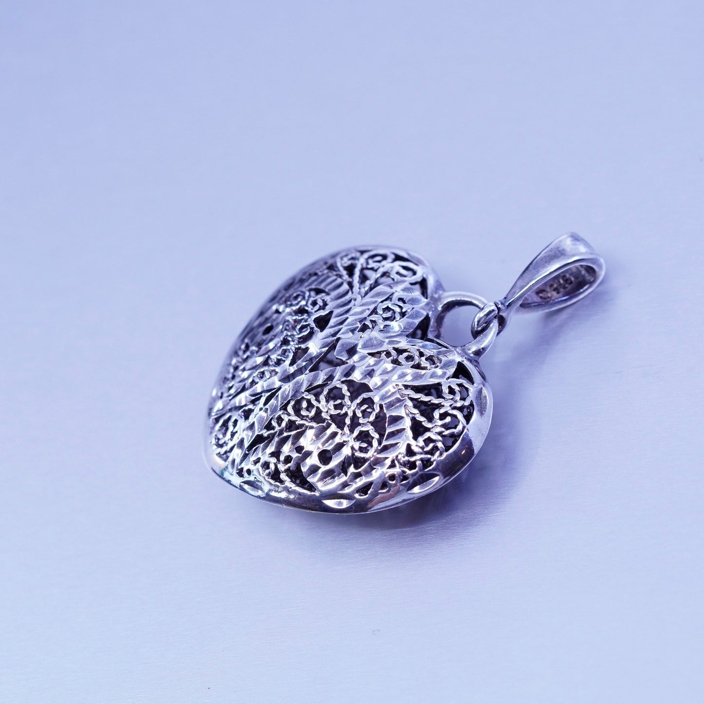 Antique Sterling silver charm, 925 puffy filigree heart pendant