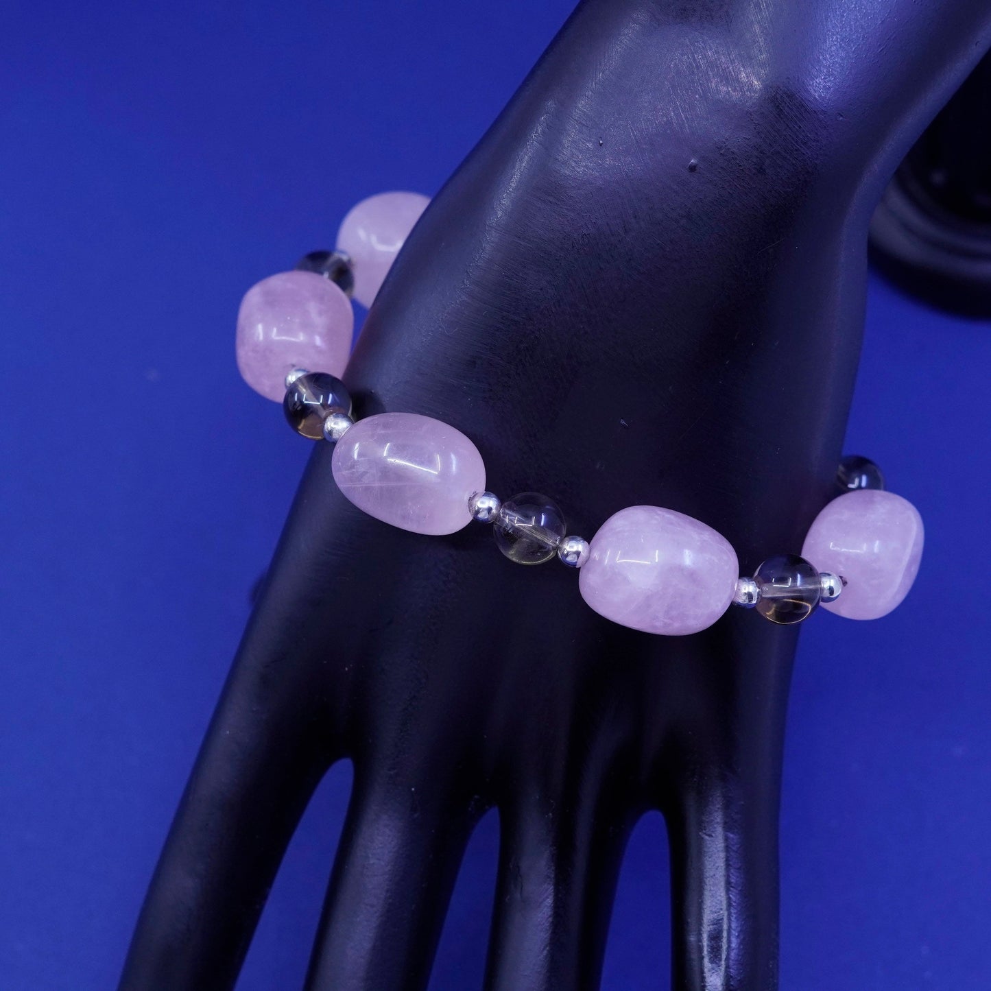 7.25”, sterling 925 silver handmade bracelet, nugget rose quartz with amethyst