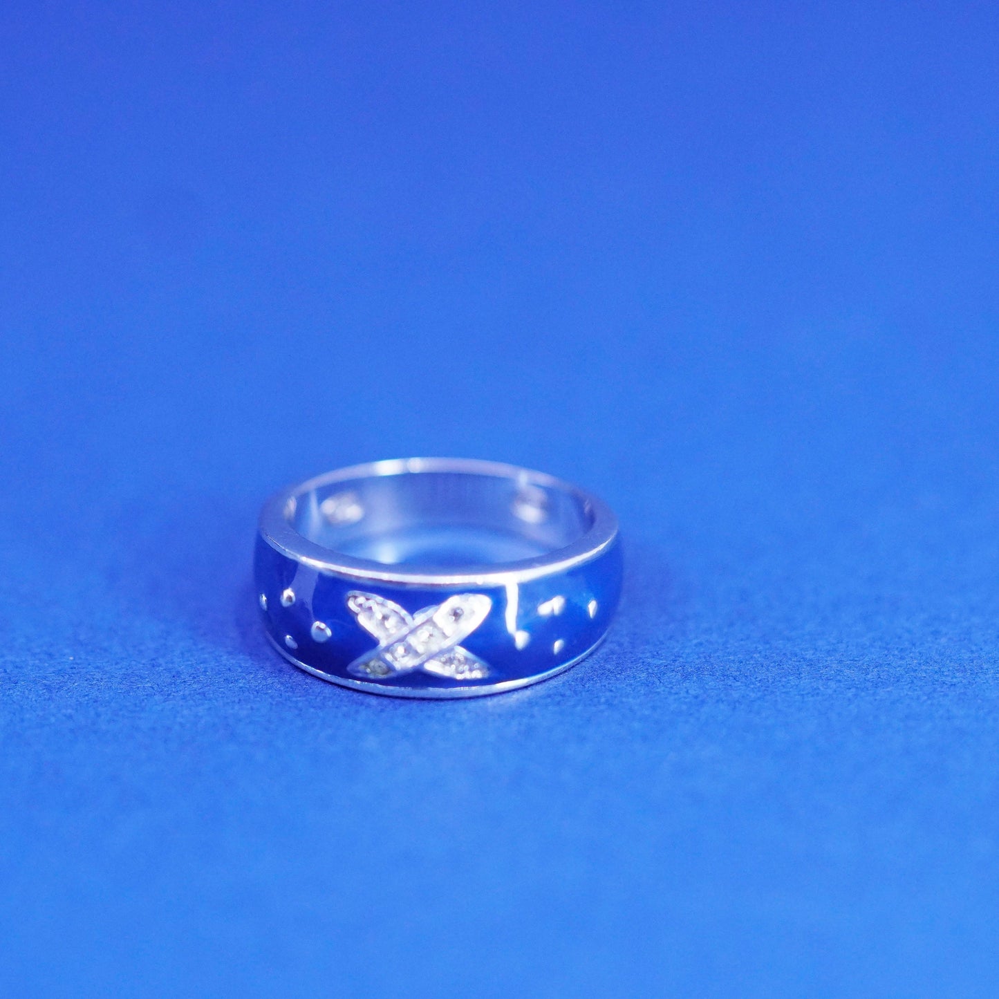 Size 7, vintage Sterling silver handmade ring, 925 blue enamel band W flower Cz