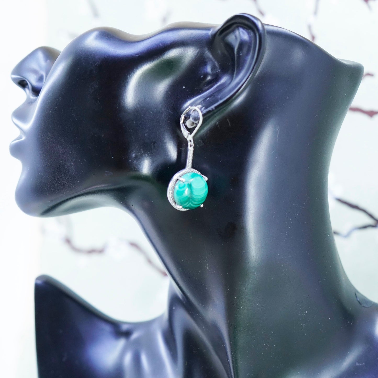 Vintage Karis sterling 925 silver handmade earrings with round malachite
