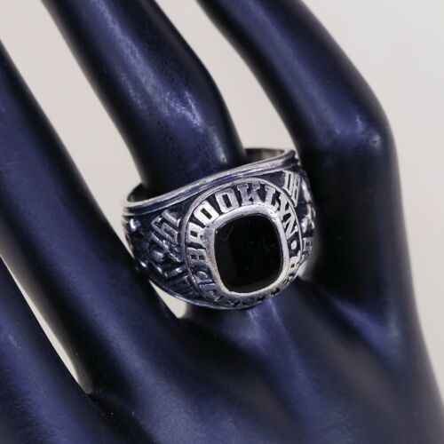 Sz 11.5, 1980s Sterling Silver Ring, 925 Brooklyn Center Statement W/ Obsidian