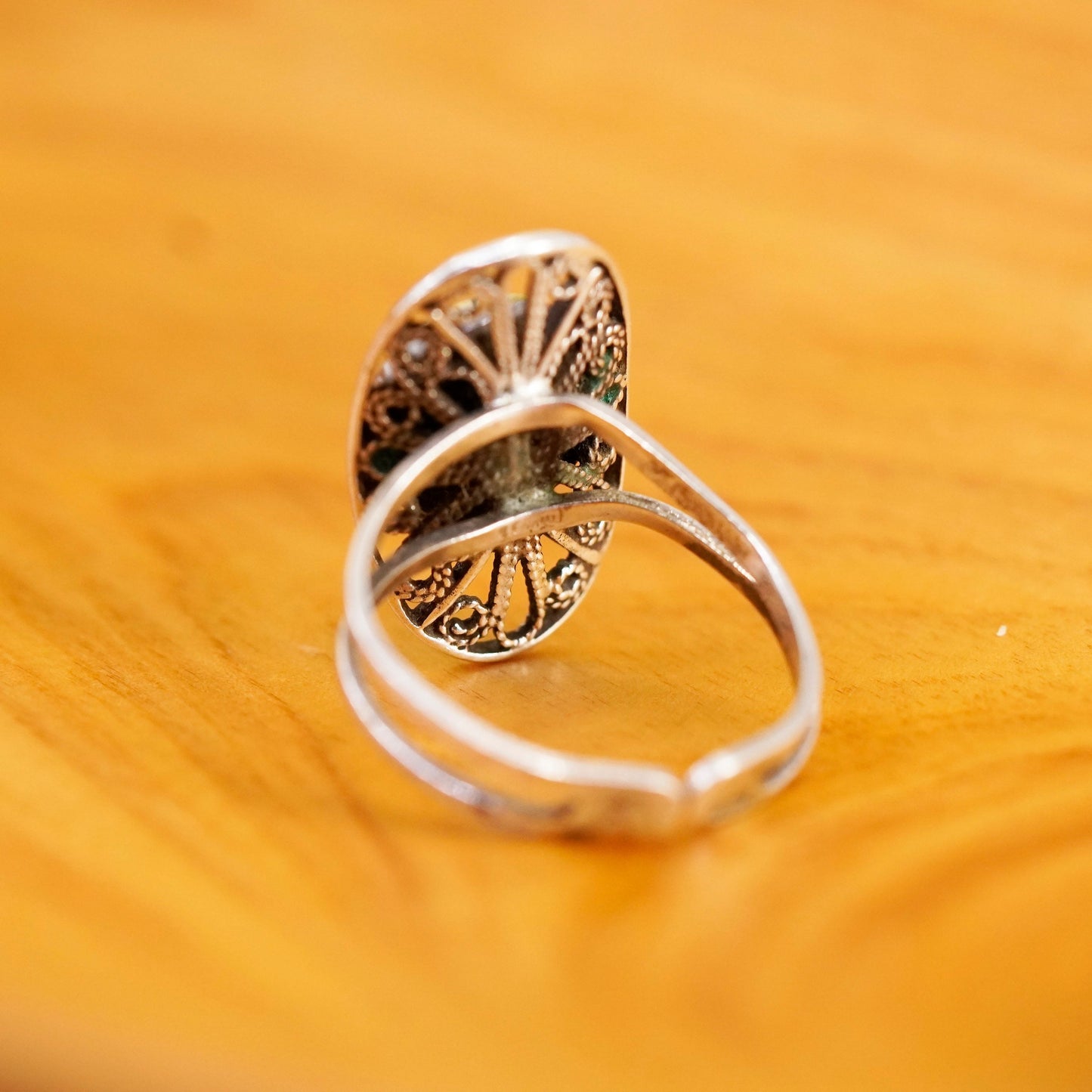 Size adjustable, vintage Sterling silver handmade filigree ring with carnelian