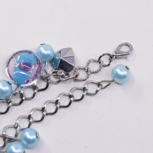 7.5”, Vtg Antique Silver Tone Handmade Bracelet W/ Blue Pear N Foiled Glass