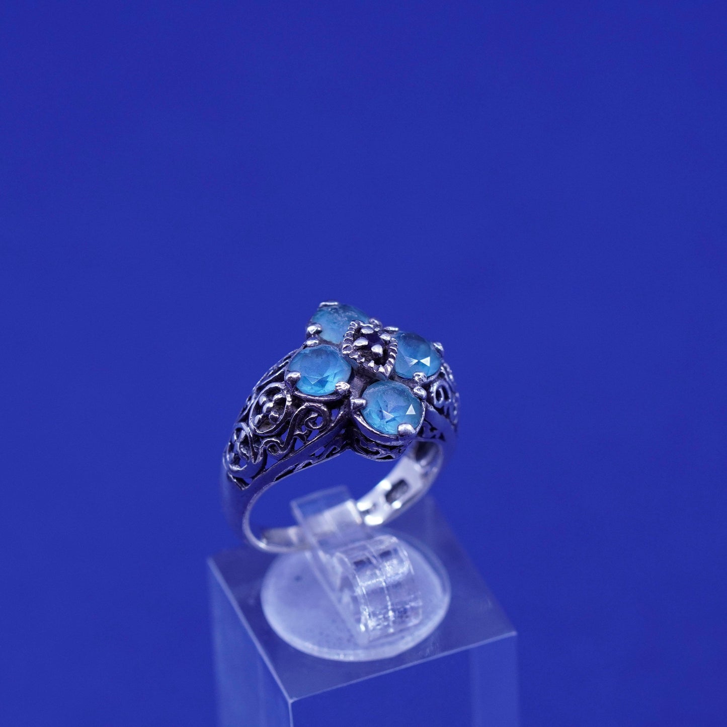 Size 6, vtg Sterling silver engagement ring, 925 filigree band topaz sapphire