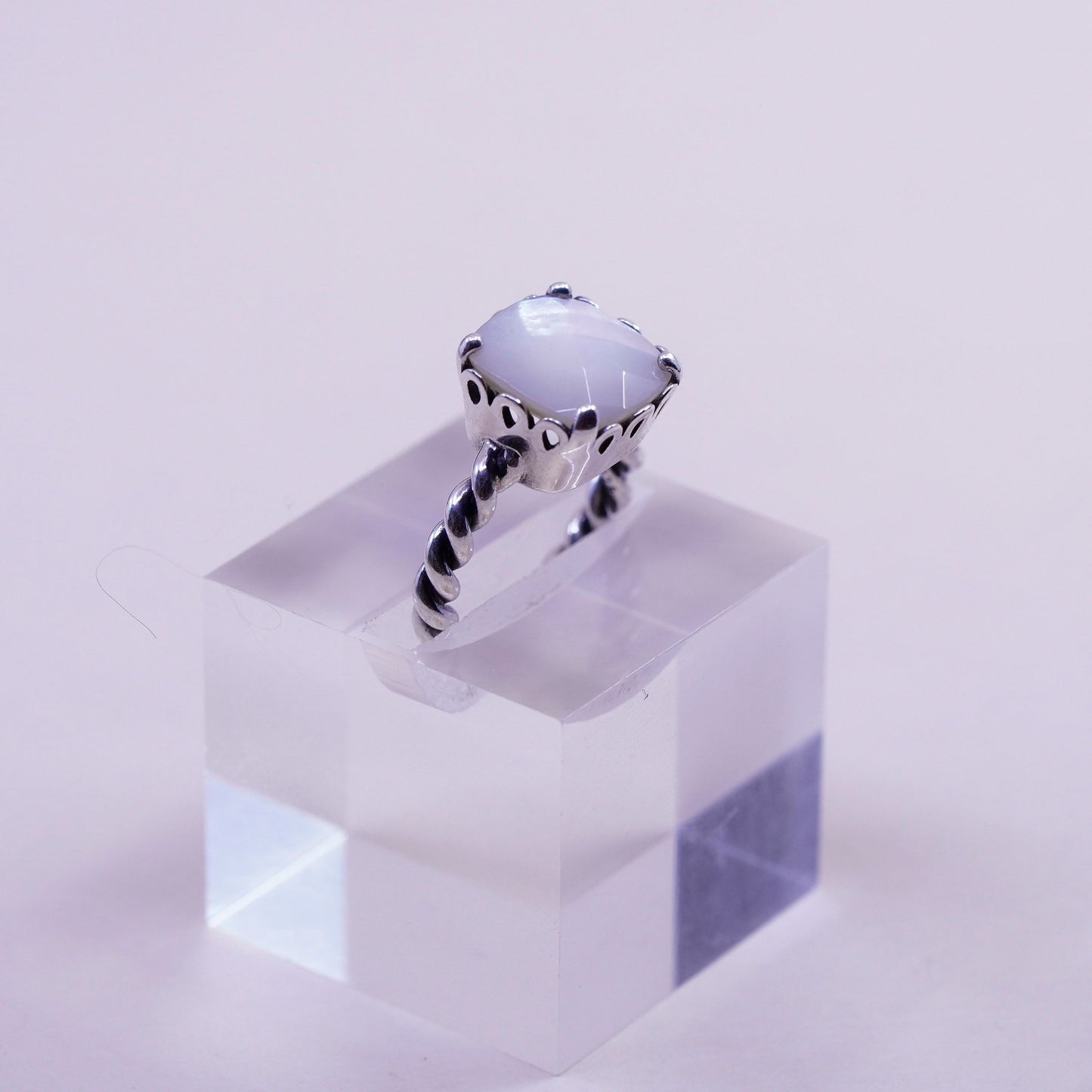 Size 6, ALE Sterling 925 silver ring with checker cut moonstone cable band