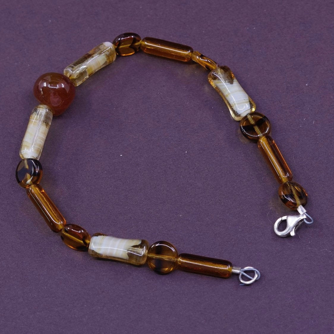 6.75", vtg Sterling silver handmade bracelet, 925 clasp w/ Amber agate