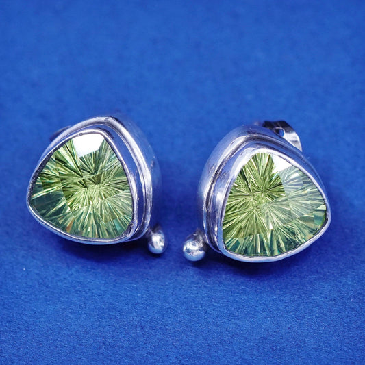 Vintage mega shiny sterling silver handmade earrings, 925 studs with peridot