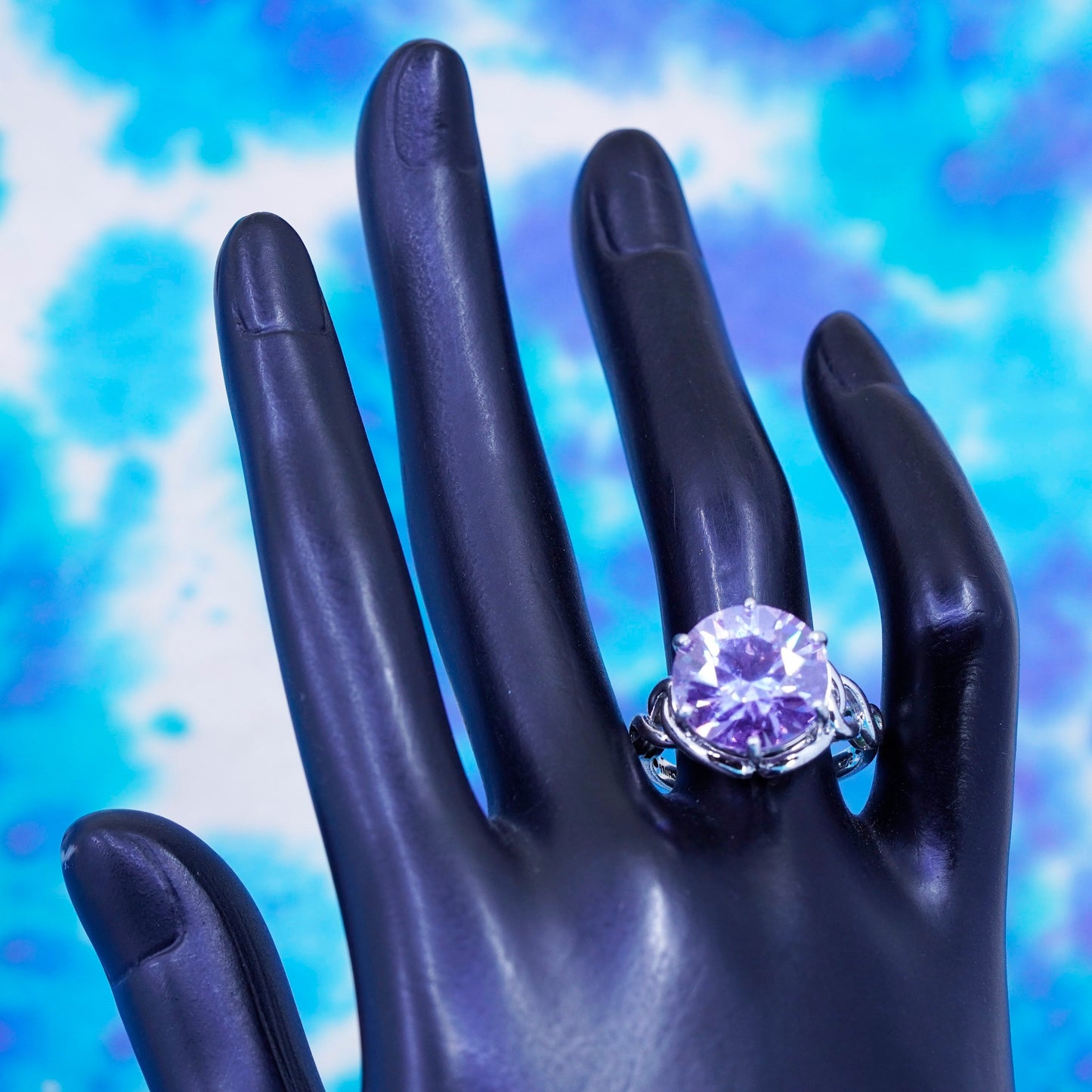 Size 7.75, vtg Sterling 935 silver handmade ring w/ mega shiny amethyst ring