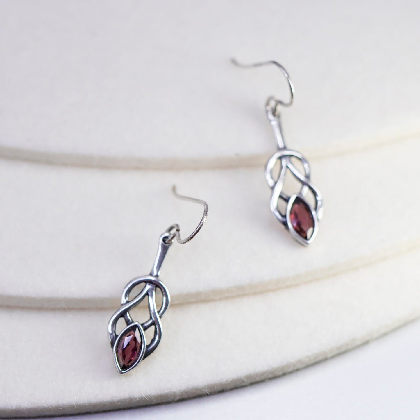 Vintage Irish Sterling 925 silver handmade filigree Celtic knot earrings ruby