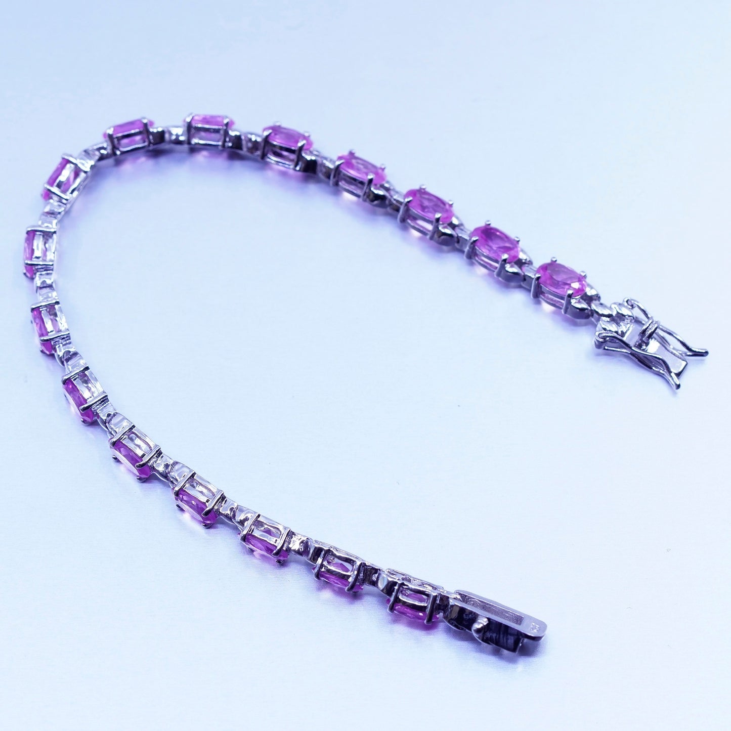 7”, Vintage Sterling 925 silver tennis bracelet chain with pink crystal