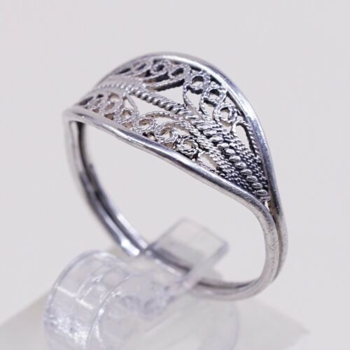Size 8, Vtg Sterling Silver Handmade Ring, 925 Silver Band W/ Filigree Whirl