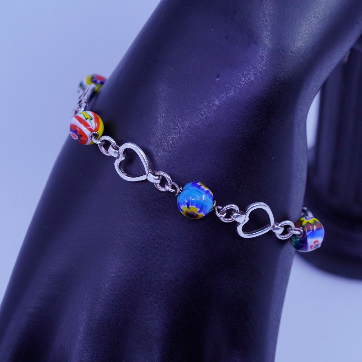 6.25”, jewelry | Sterling 925 silver bracelet, heart chain murano glass beads