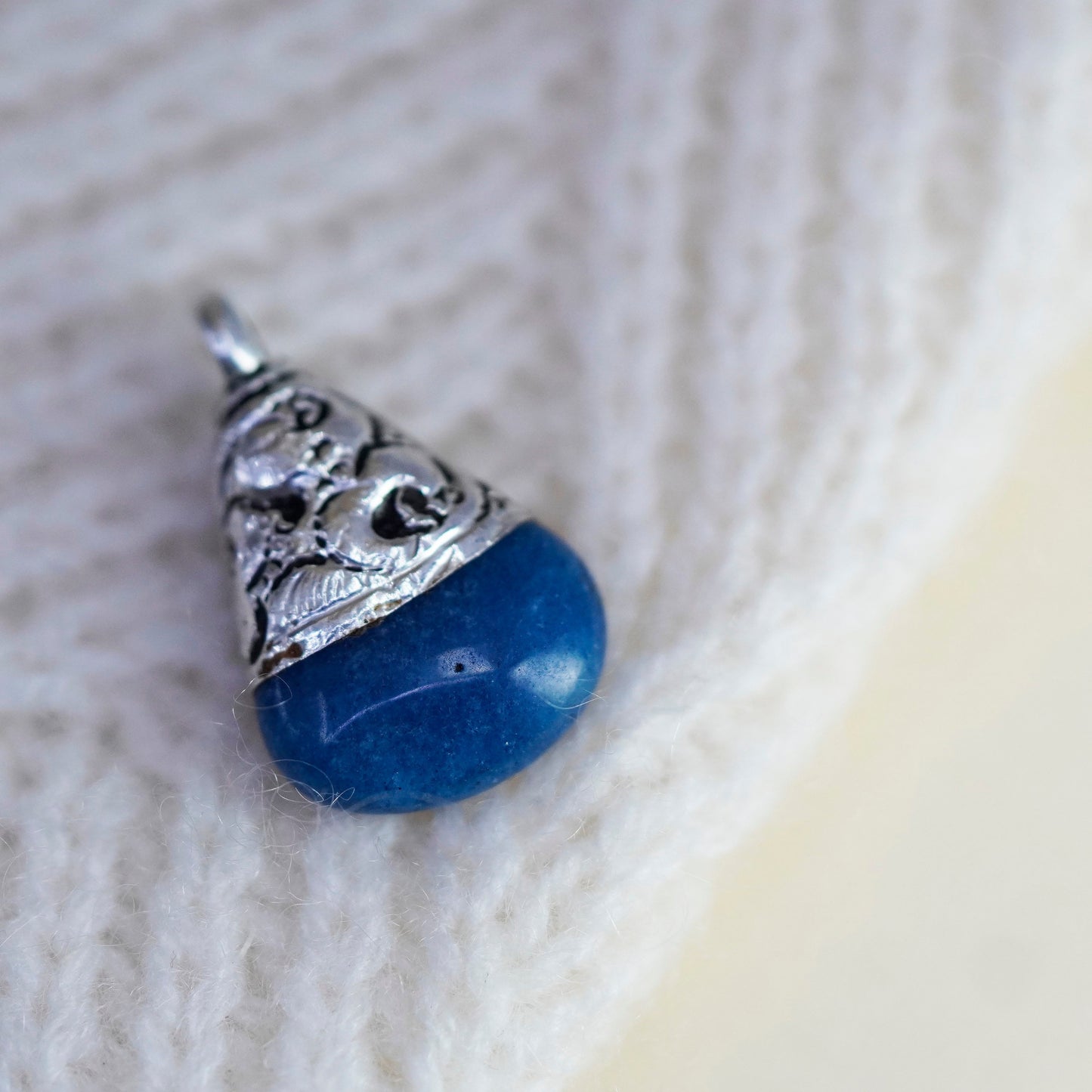 Vintage sterling silver handmade pendant, 925 teardrop with blue crystal