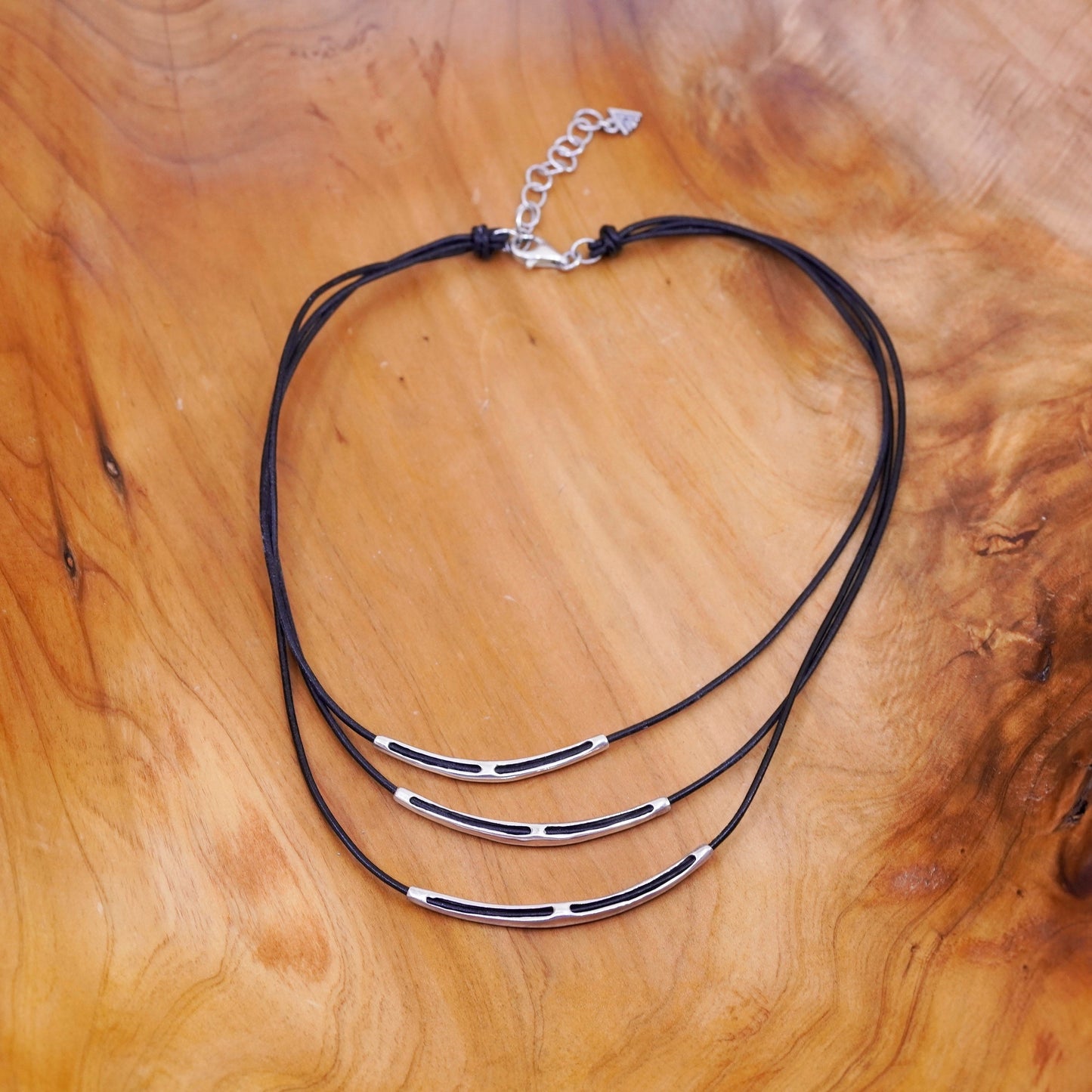 16+2”, Silpada Sterling 925 Silver Black Leather Cord 3 Bar Necklace N1571