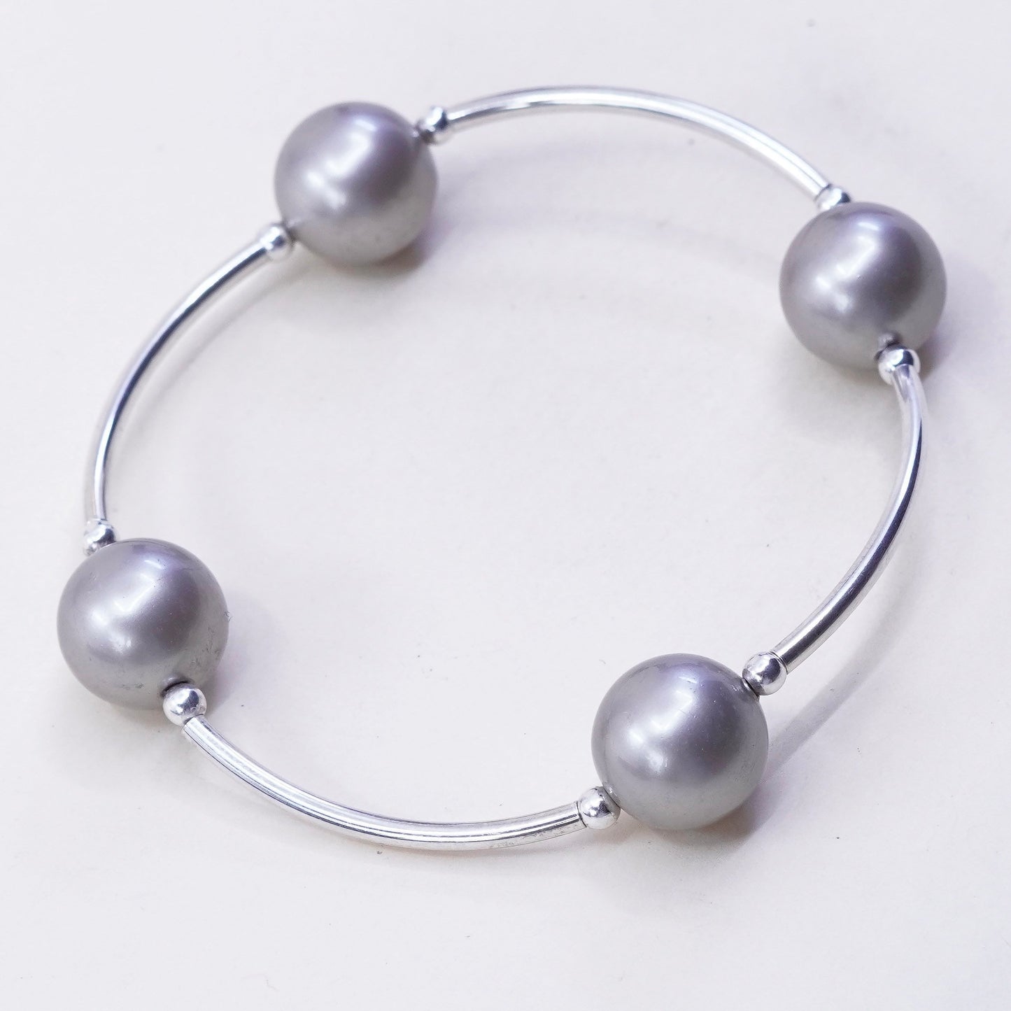 6”, Vintage handmade sterling 925 silver bar with gray pearl bracelet