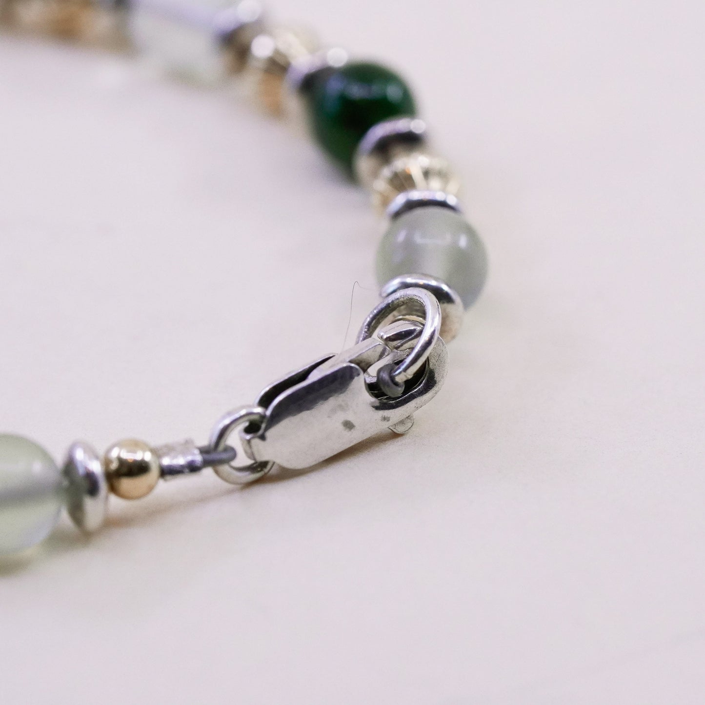 6.5”, 14K gold beads Sterling 925 Silver prehnite jade bracelet “JDPM” cubes