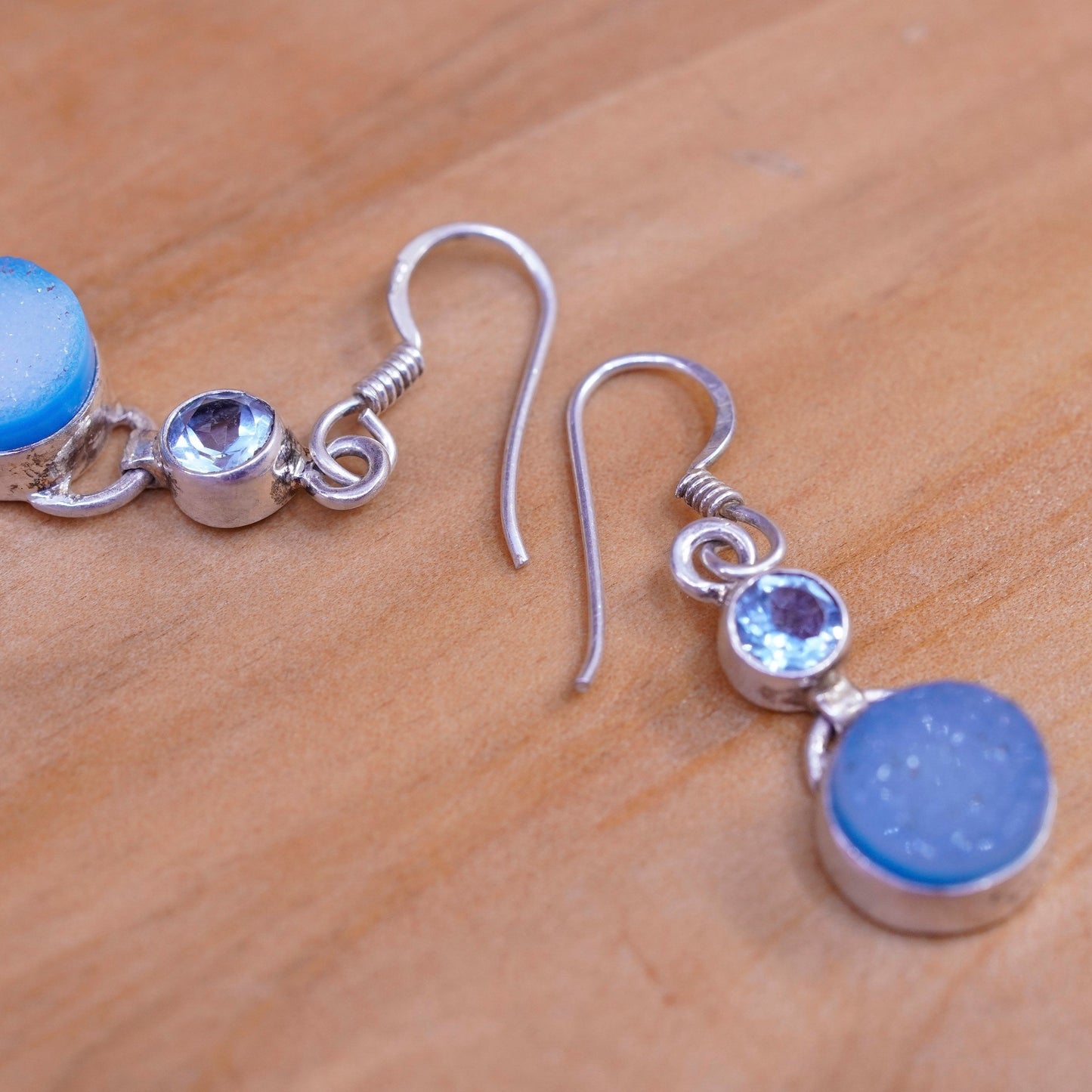 Vintage Sterling 925 silver handmade earrings with blue topaz and druzy