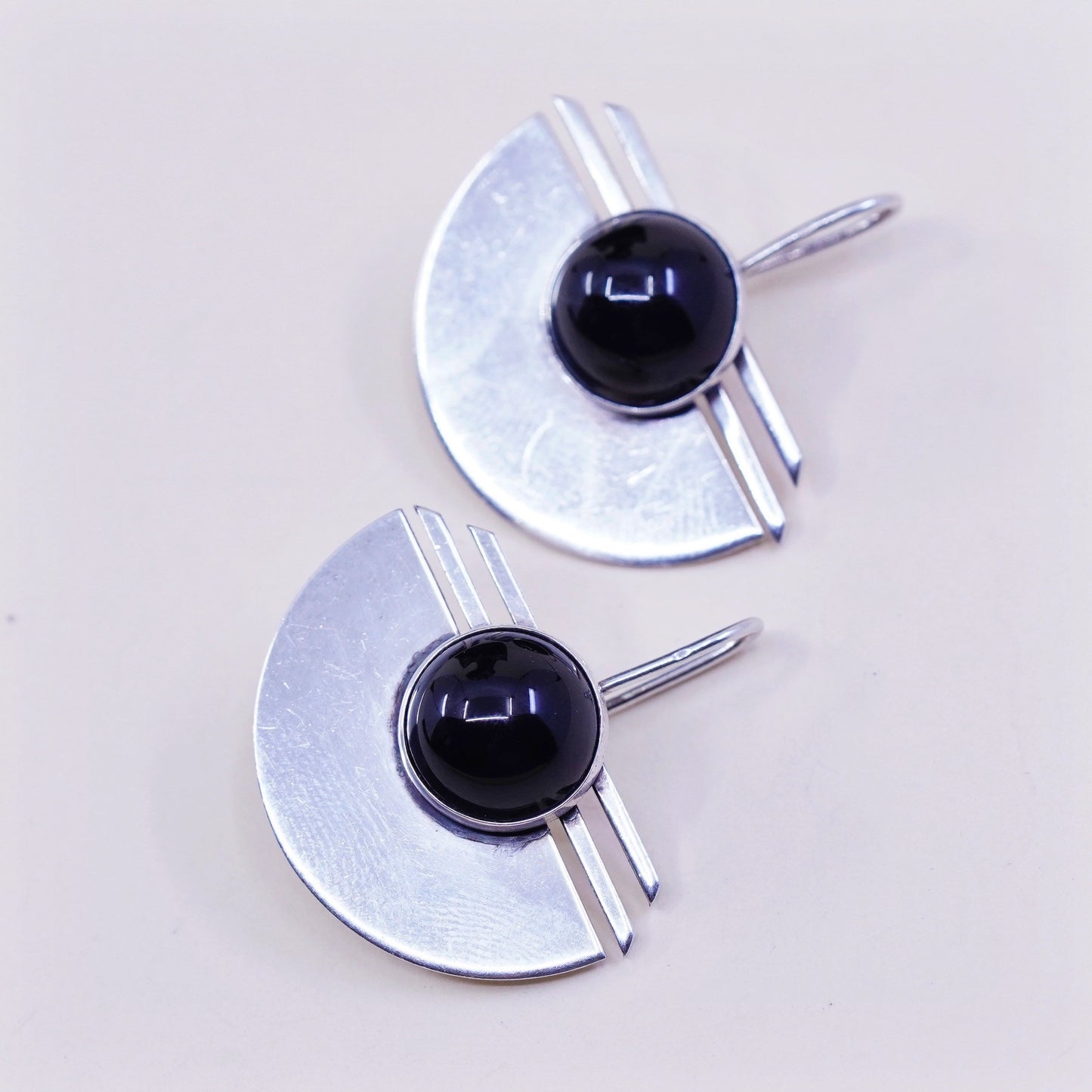 Vintage PJP gold filled sterling silver handmade drop earrings, modern 925 disc with black onyx, stamped sterling GF PJP
