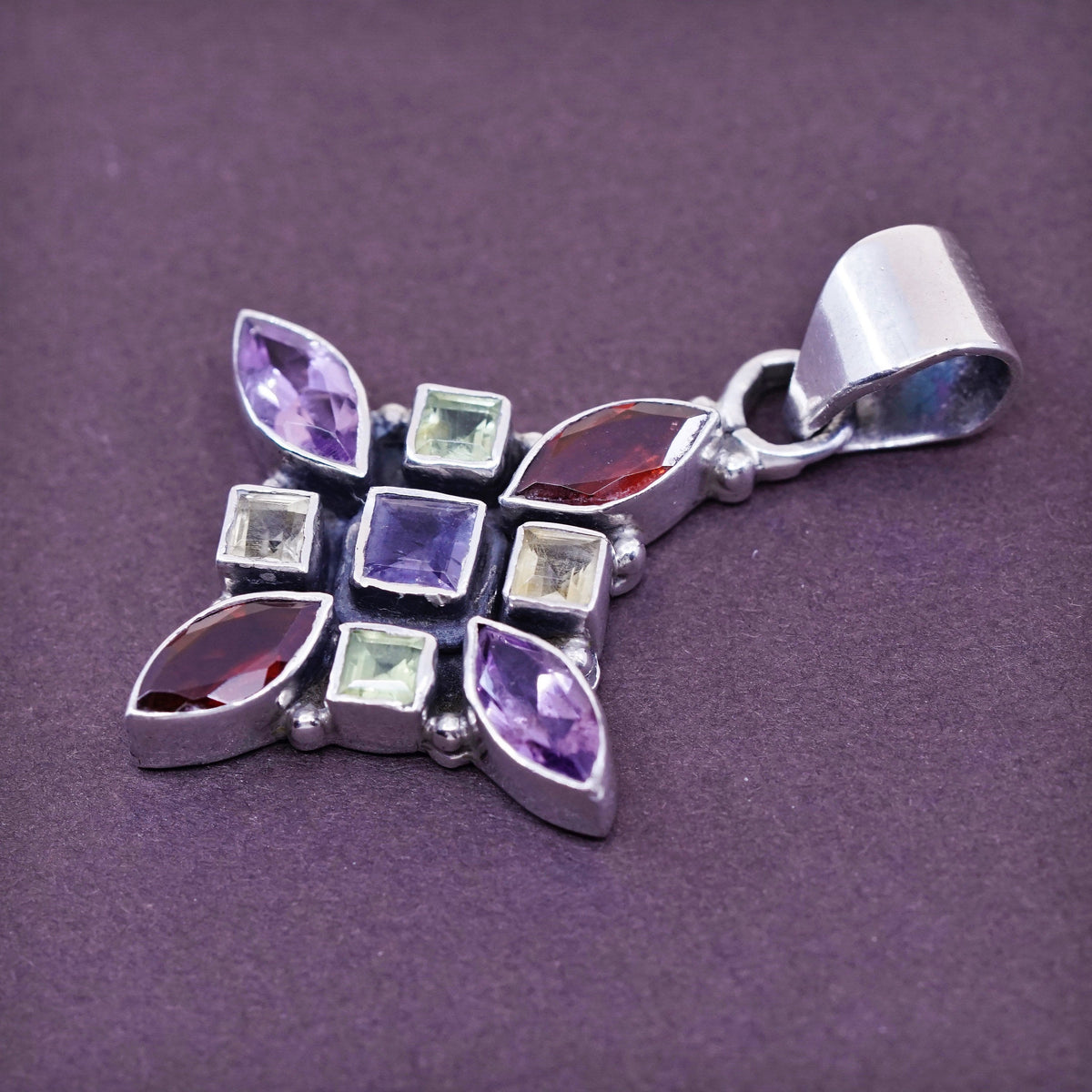 vtg Sterling 925 silver handmade pendant with ruby amethyst citrine and peridot