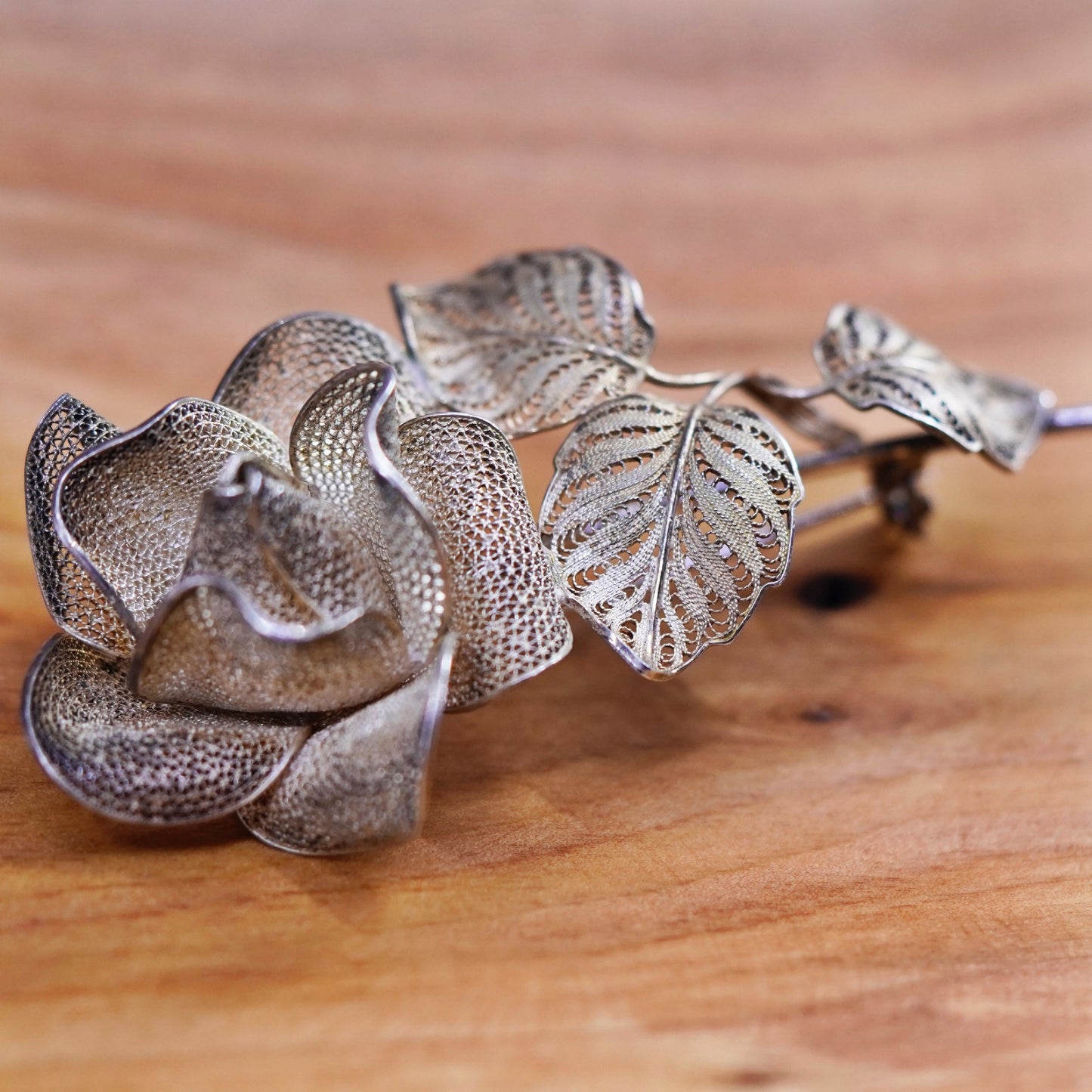 Vintage handmade Germany sterling 800 silver filigree flower floral brooch pin