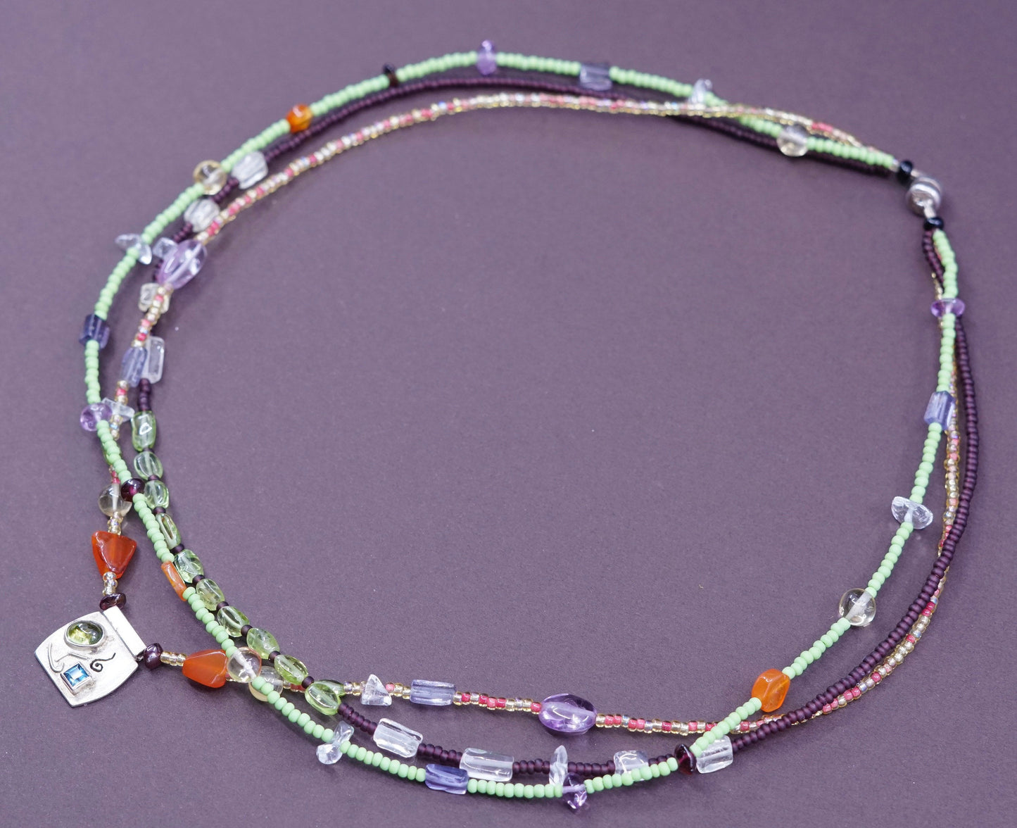 16”, Southwestern sterling 925 silver multi strands necklace carnelian amethyst