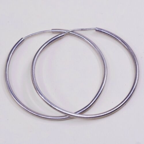 1.75”, Vtg 925 Sterling Silver Handmade Hollow Modernist Huggie Hoop Earrings