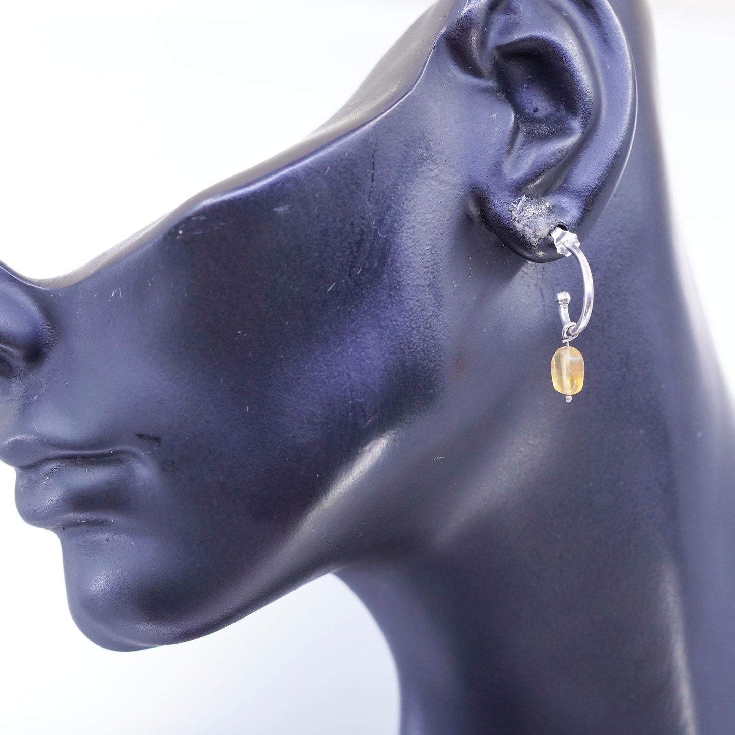 0.75”, vintage Sterling silver handmade earrings, 925 hoops w/ citrine dangles