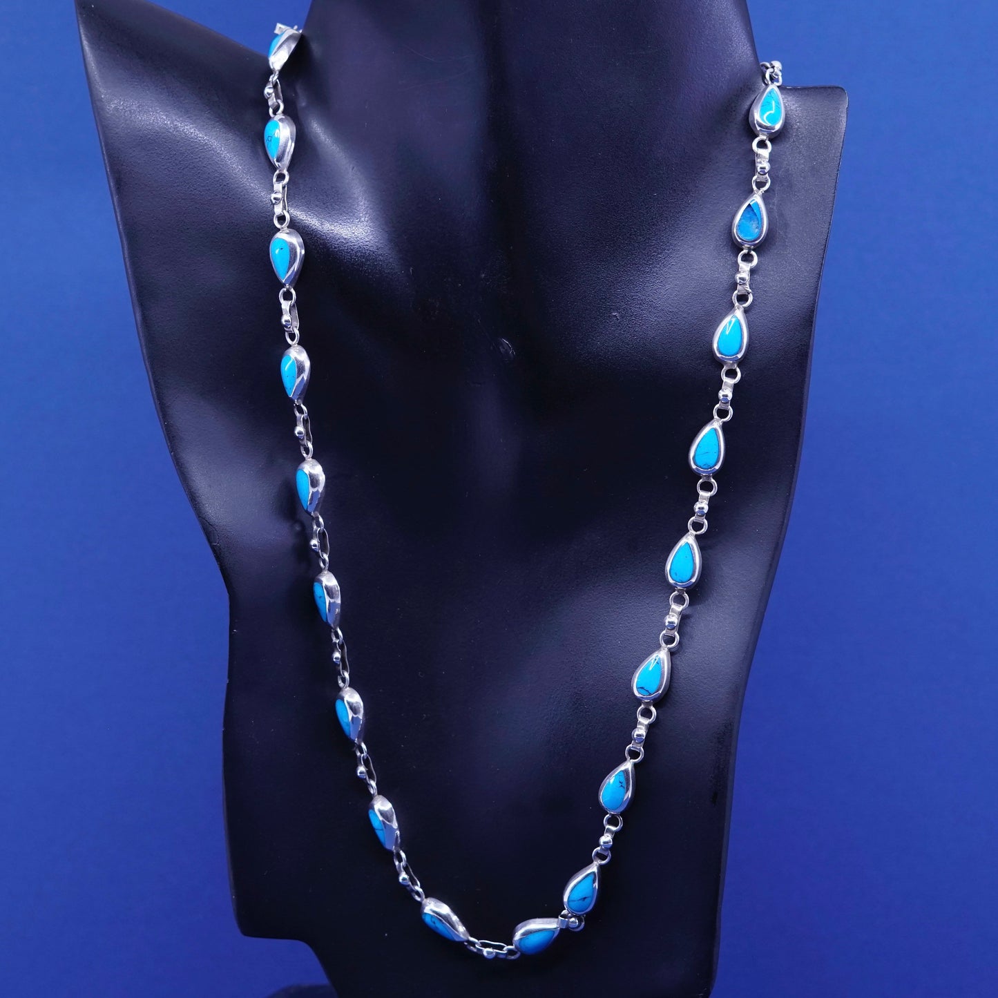 22”, huge mexico sterling 925 silver teardrop handmade necklace w/ turquoise