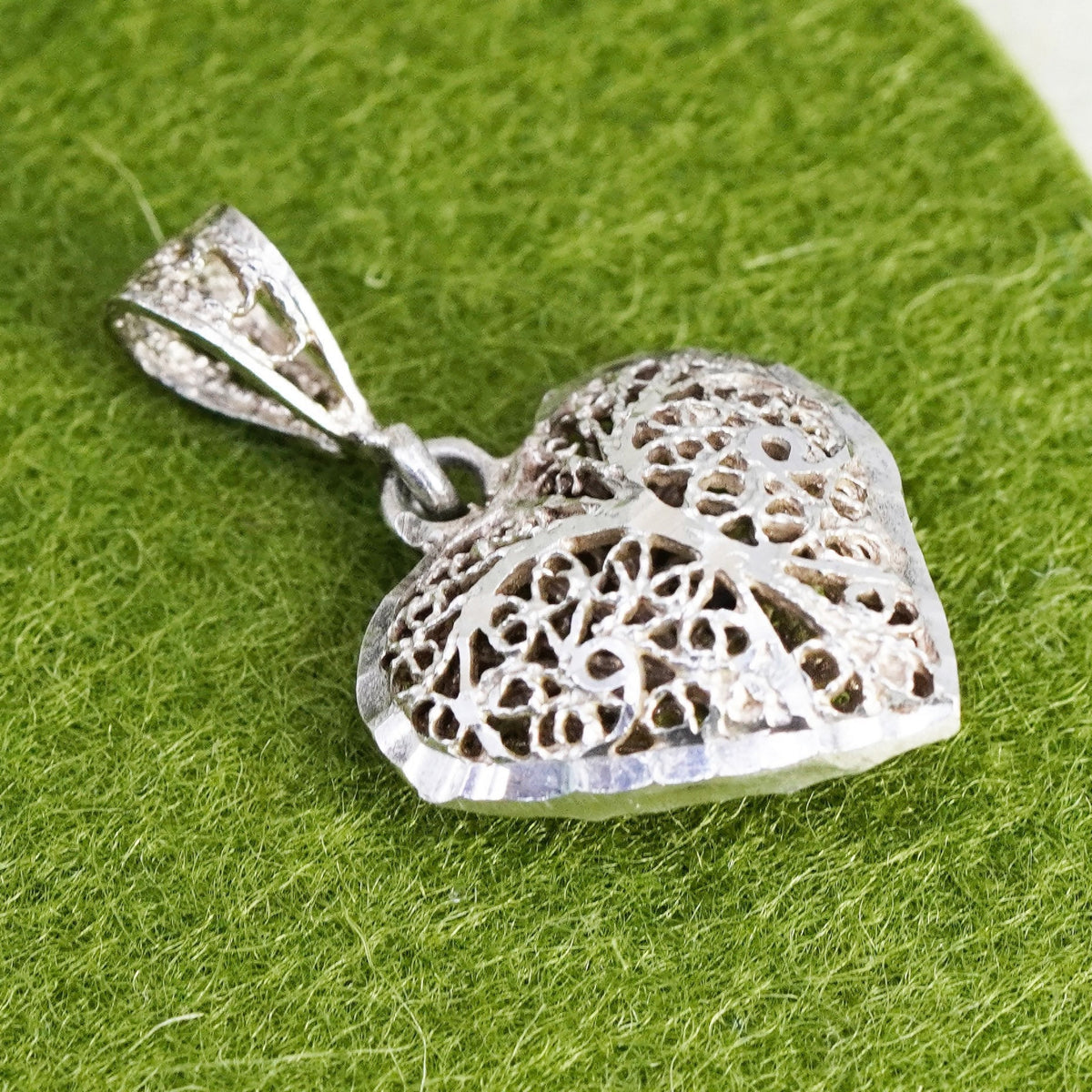 Vintage sterling silver handmade filigree pendant, 925 puffy heart charm