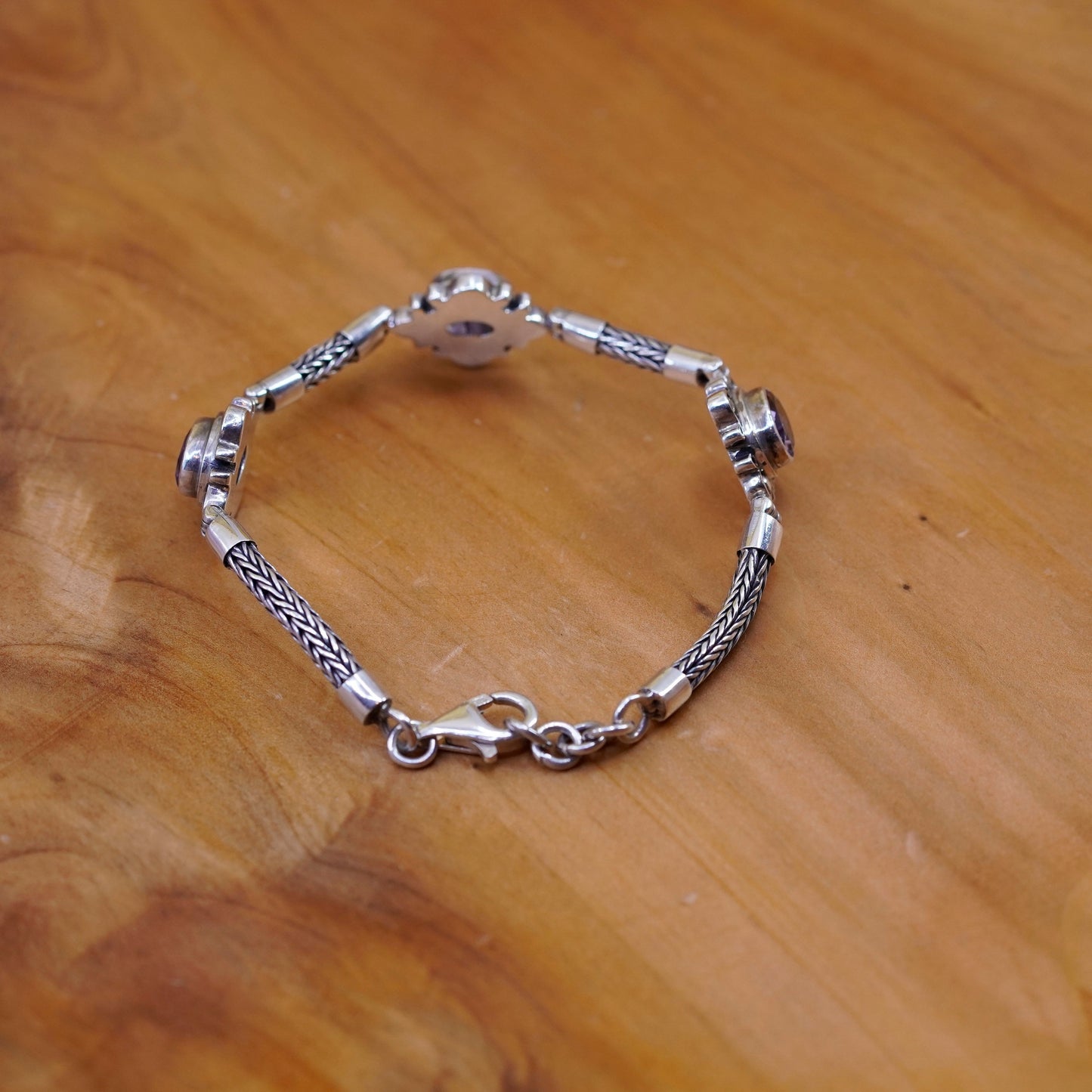 7.25”, Sterling silver handmade bracelet, bold 925 wheat chain amethyst