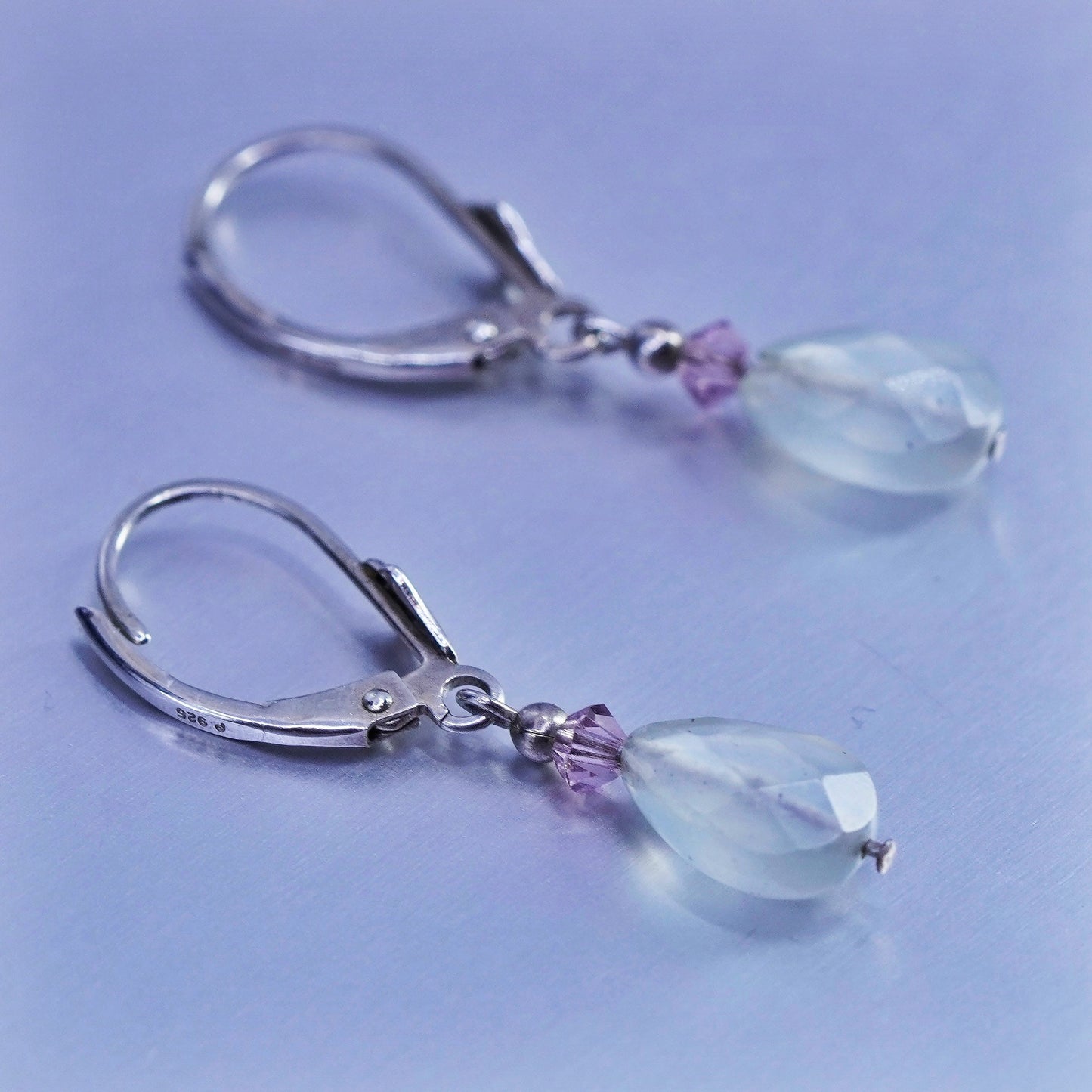 vtg designer Sterling 925 silver handmade earrings teardrop prehnite amethyst