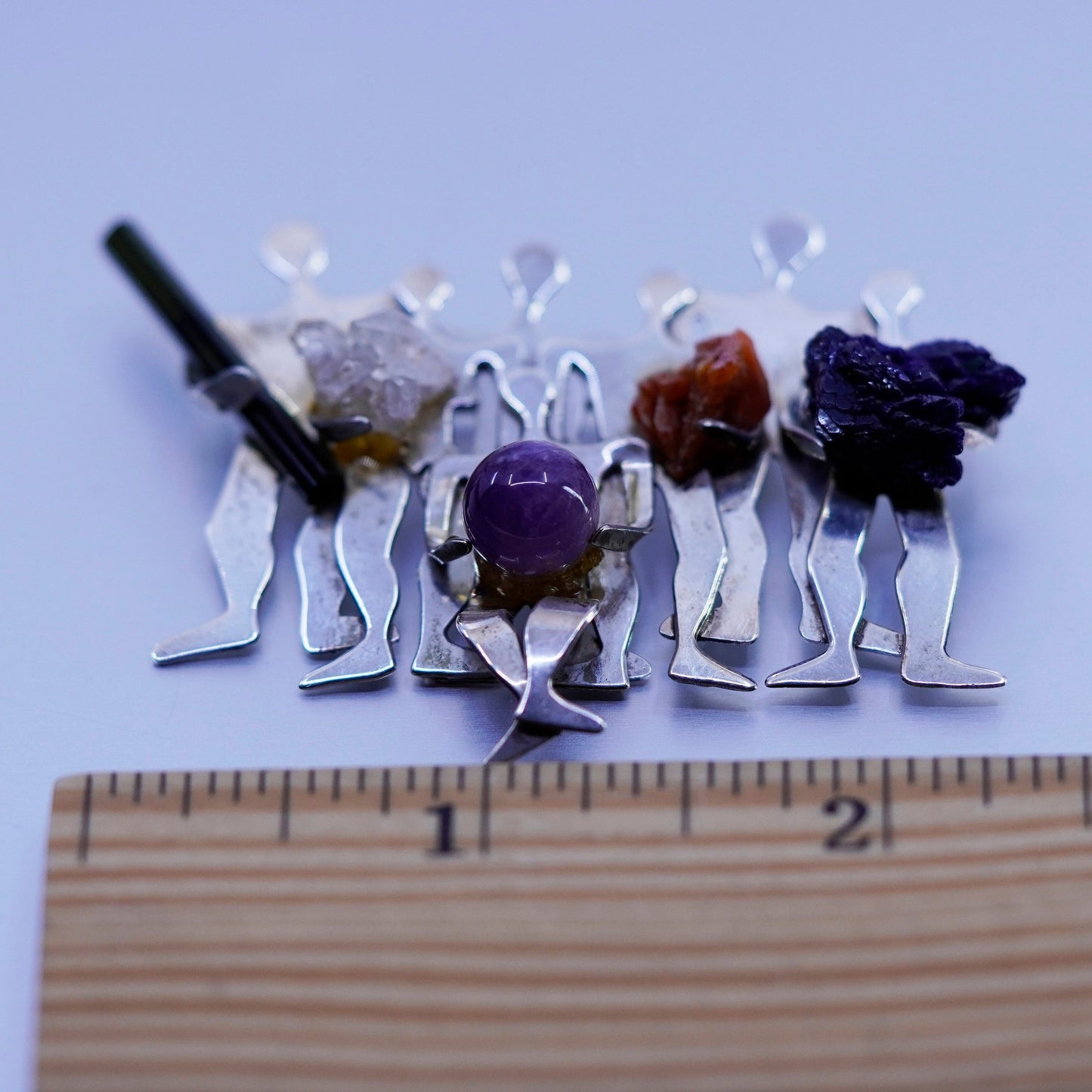 Antique sterling silver handmade brooch, 925 group miner with gemstone