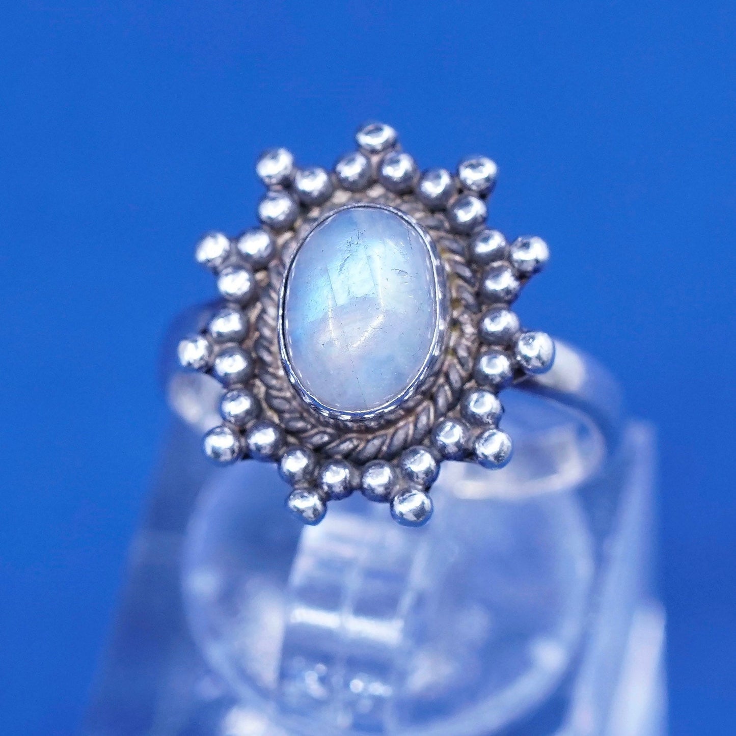 Size 6, vintage DIXI Sterling 925 silver handmade ring with moonstone and beads