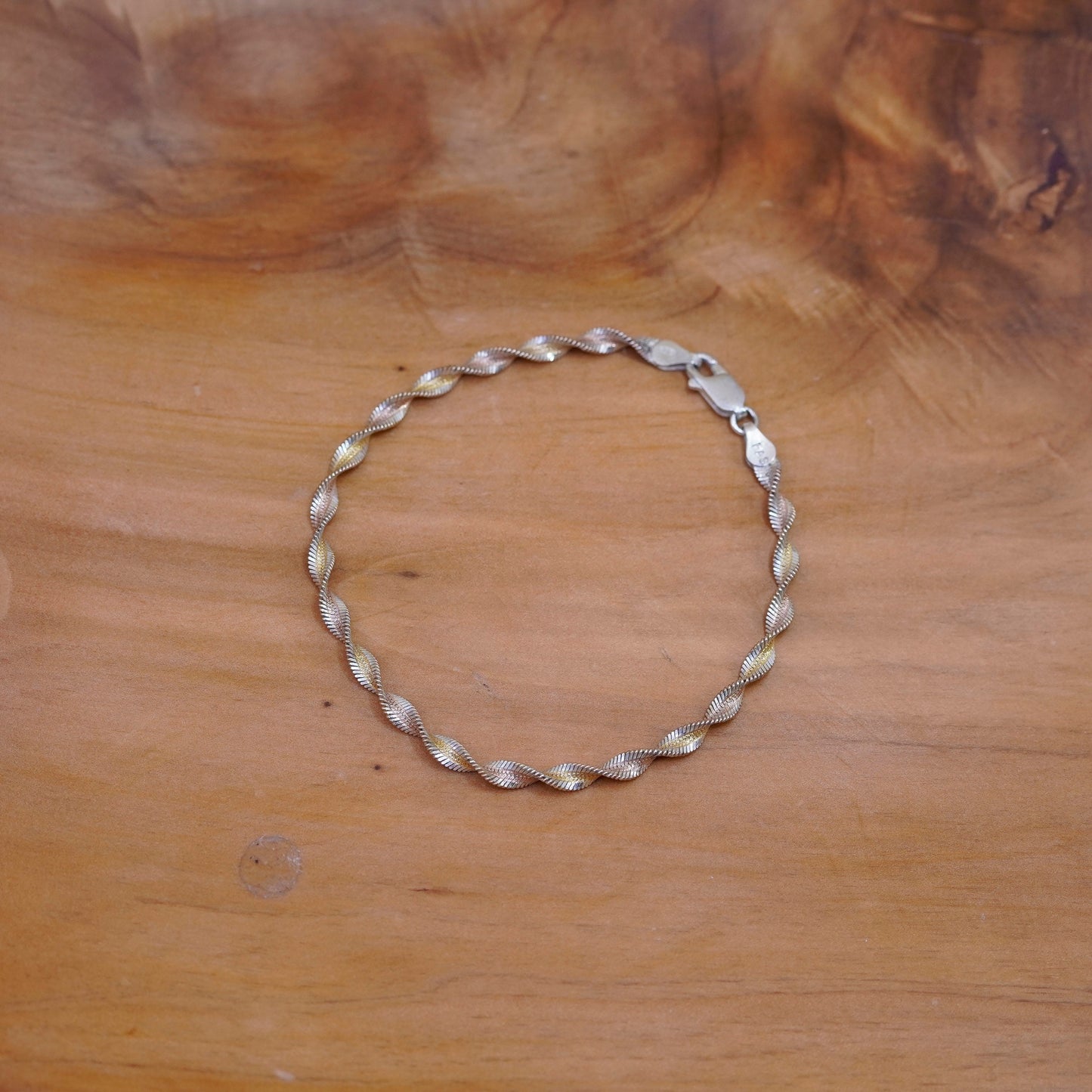 7.75”, vintage vermeil gold Sterling 925 silver twisted herringbone bracelet