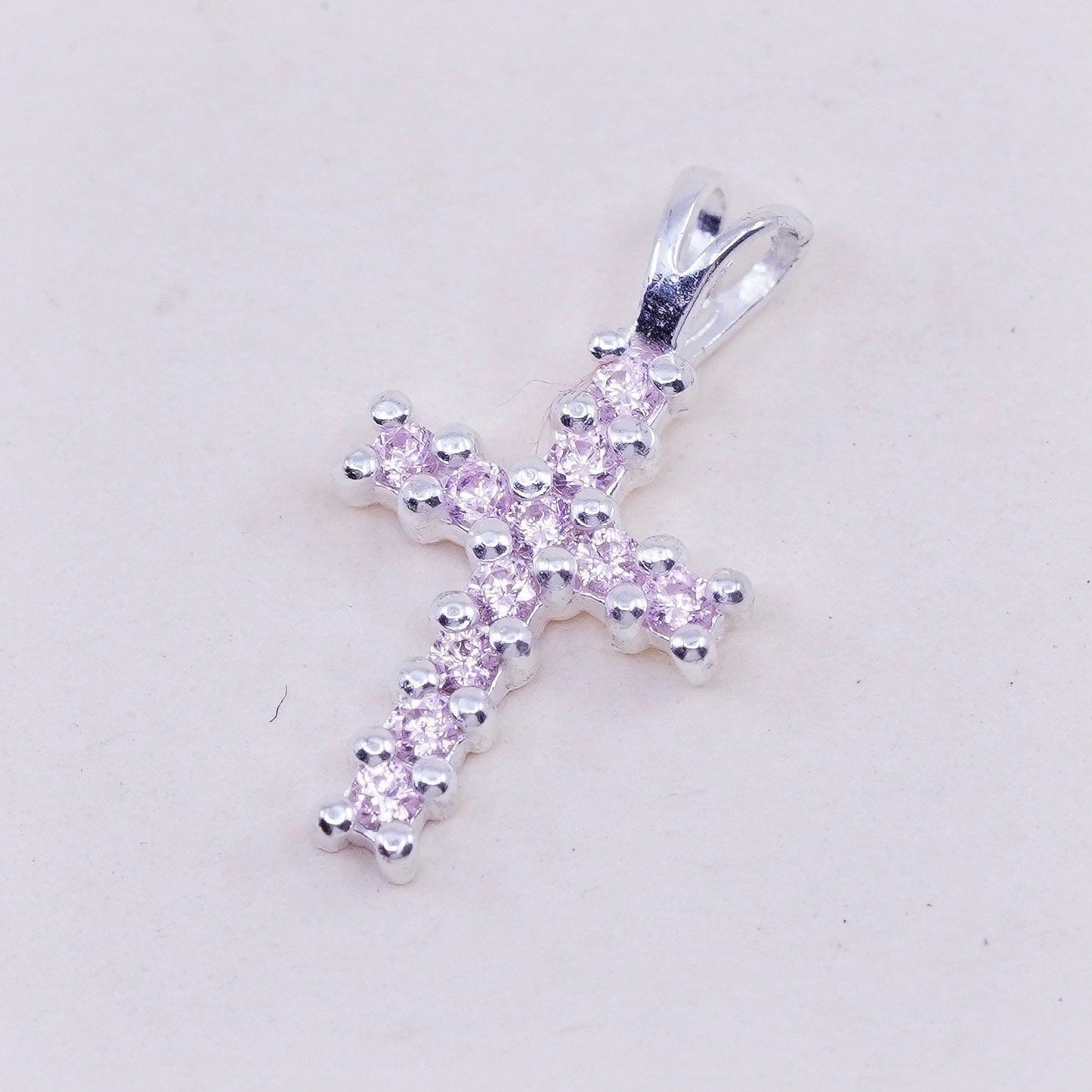 Vintage sterling silver pendant, 925 cross handmade charm with pink cz