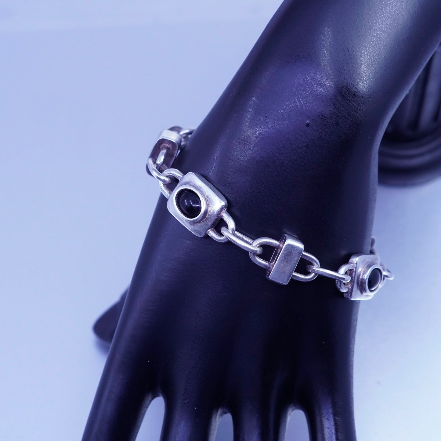 6.75”, vintage Sterling 925 silver handmade bold bracelet with obsidian beads