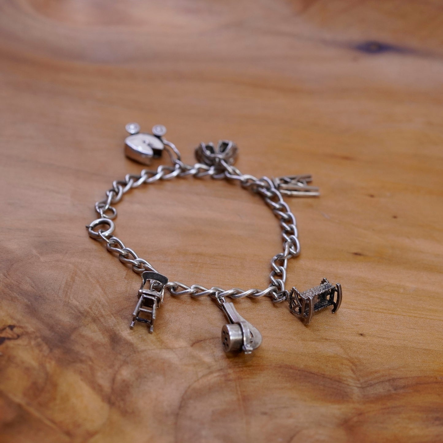 vtg Sterling 925 silver curb bracelet 6 charms, chair crib baby shoes stroller