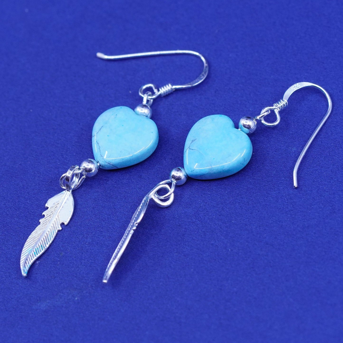 southwestern sterling 925 silver heart turquoise earrings with feather dangled