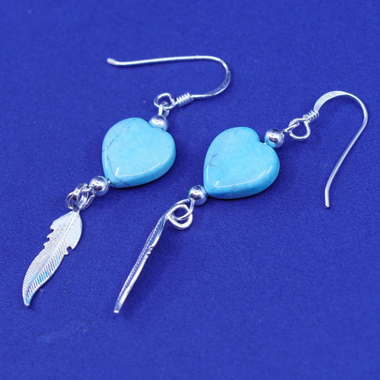 southwestern sterling 925 silver heart turquoise earrings with feather dangled