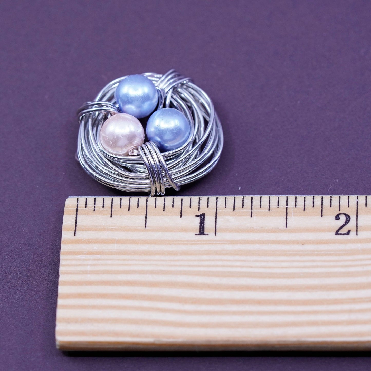 Vintage silver tone handmade pendant, wired bird nest with faux pearl